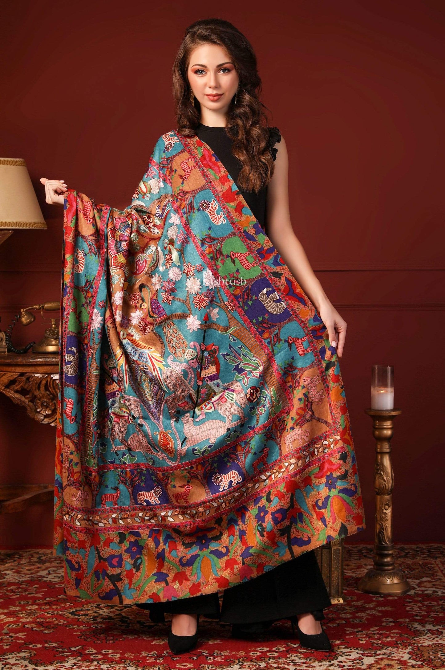 Pashtush India 100x200 PASHTUSH WOMENS SHIKAAR-DAR HAND EMBROIDERED, SHAWL IN FINE WOOL