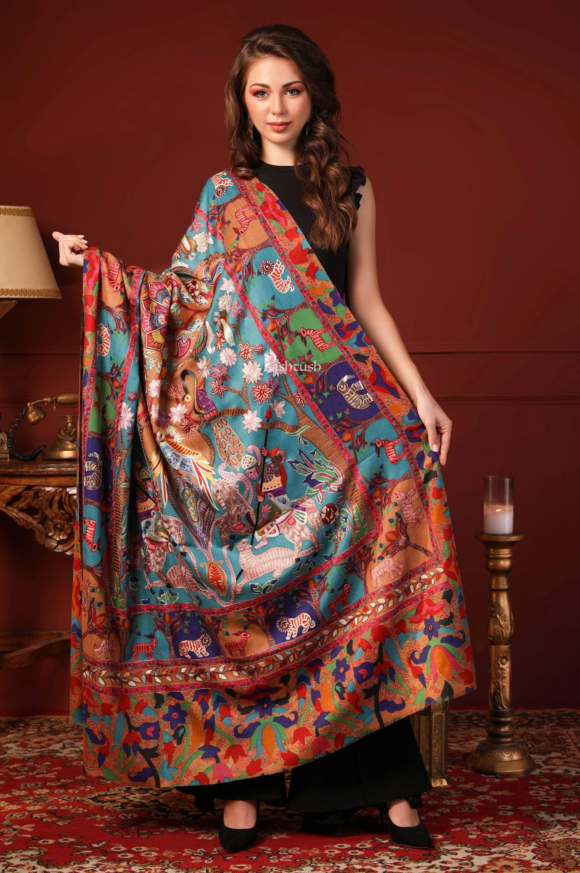 Pashtush India 100x200 PASHTUSH WOMENS SHIKAAR-DAR HAND EMBROIDERED, SHAWL IN FINE WOOL