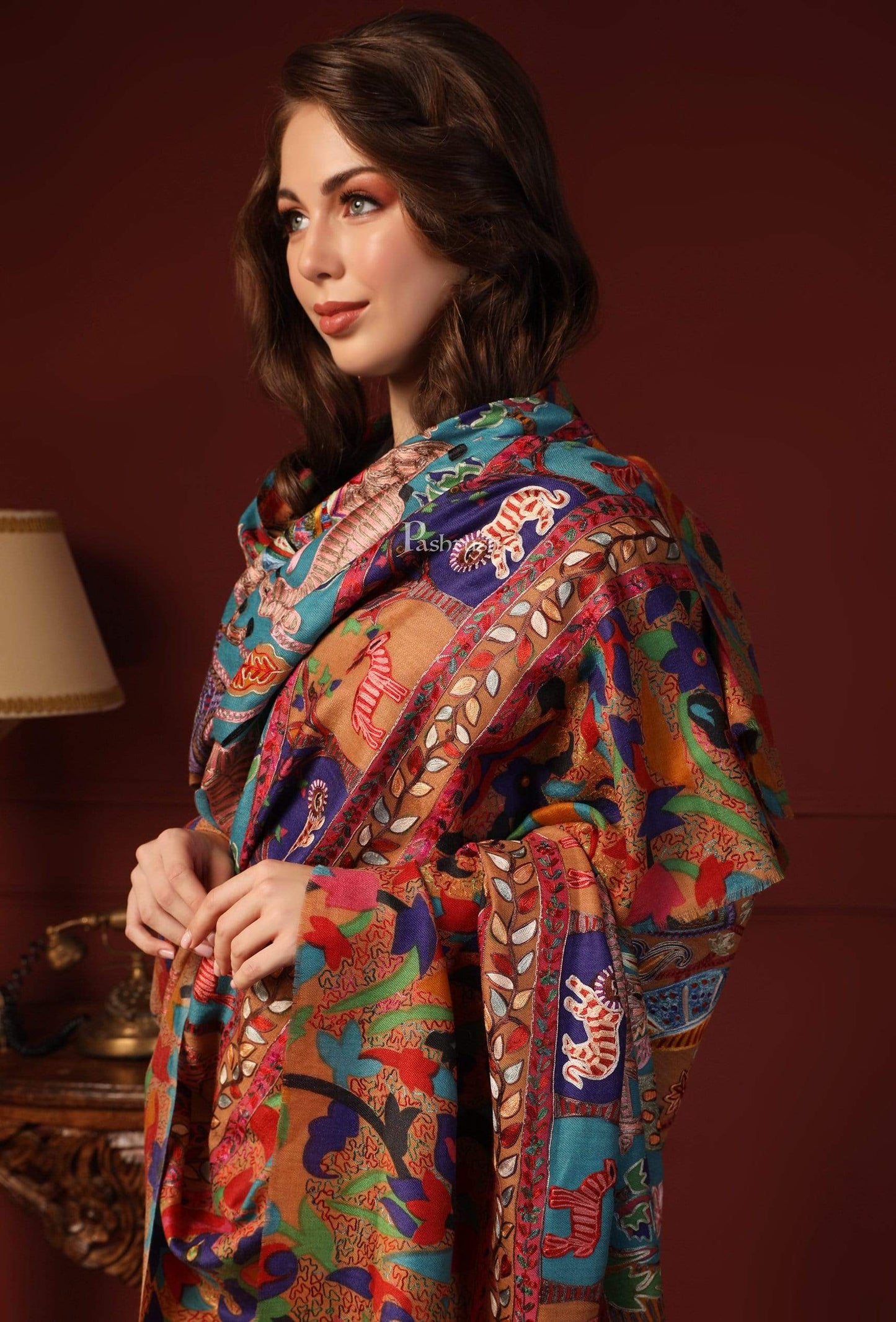 Pashtush India 100x200 PASHTUSH WOMENS SHIKAAR-DAR HAND EMBROIDERED, SHAWL IN FINE WOOL