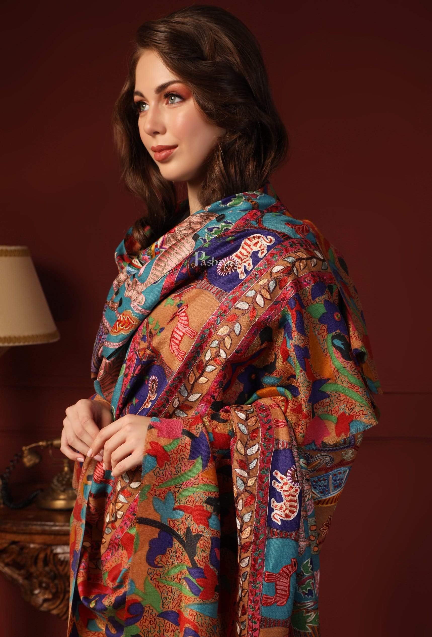Pashtush India 100x200 PASHTUSH WOMENS SHIKAAR-DAR HAND EMBROIDERED, SHAWL IN FINE WOOL