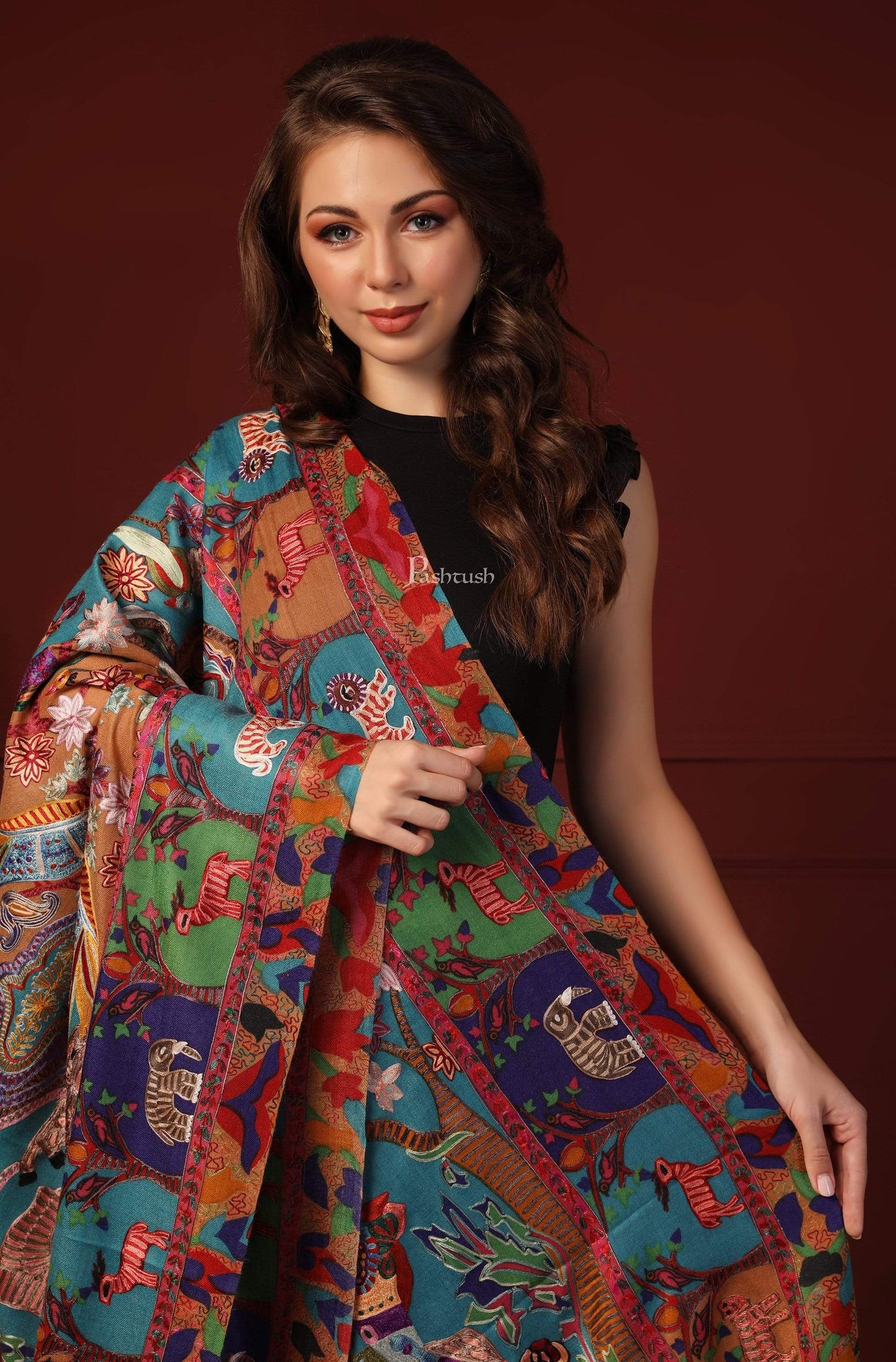 Pashtush India 100x200 PASHTUSH WOMENS SHIKAAR-DAR HAND EMBROIDERED, SHAWL IN FINE WOOL
