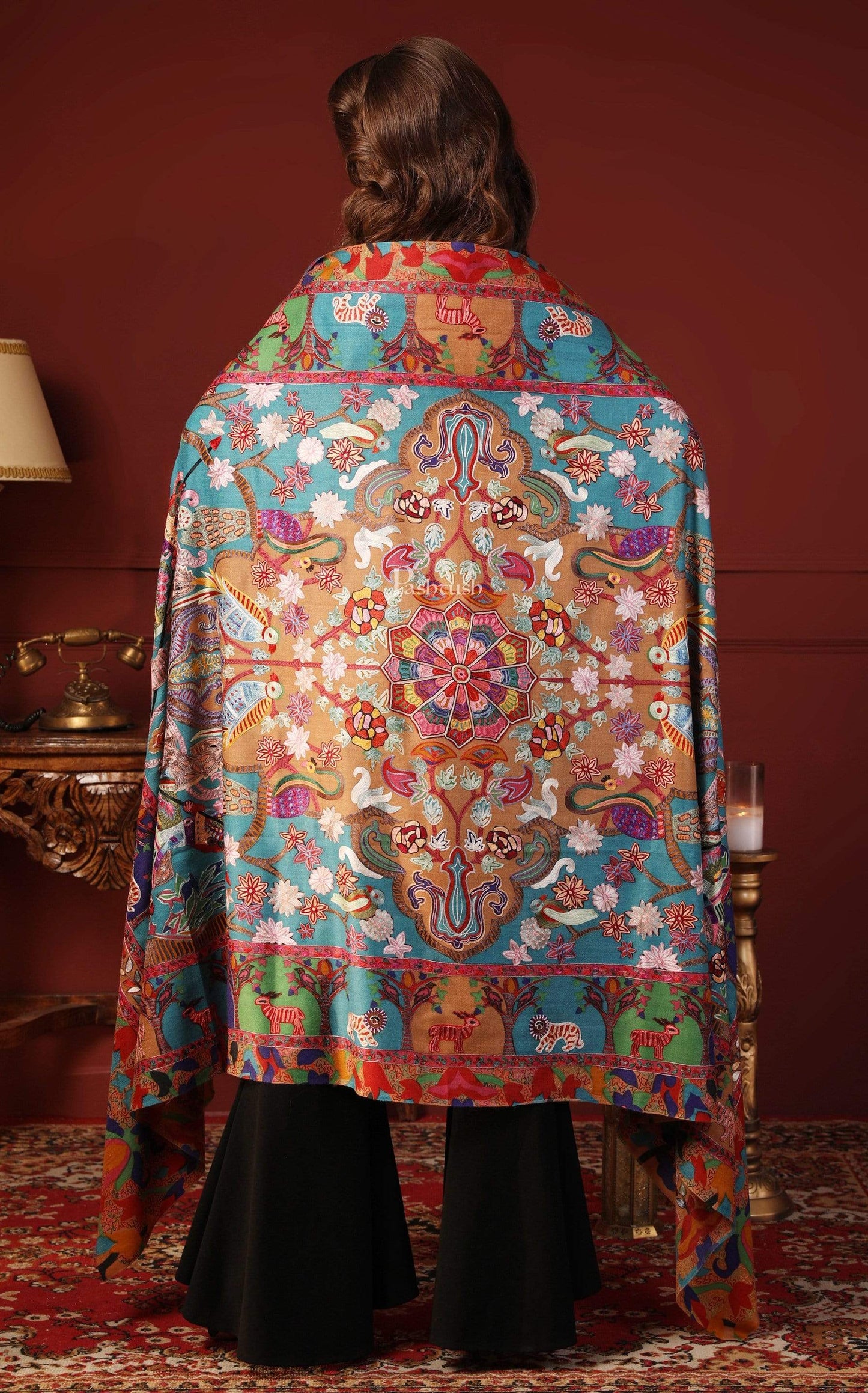 Pashtush India 100x200 PASHTUSH WOMENS SHIKAAR-DAR HAND EMBROIDERED, SHAWL IN FINE WOOL