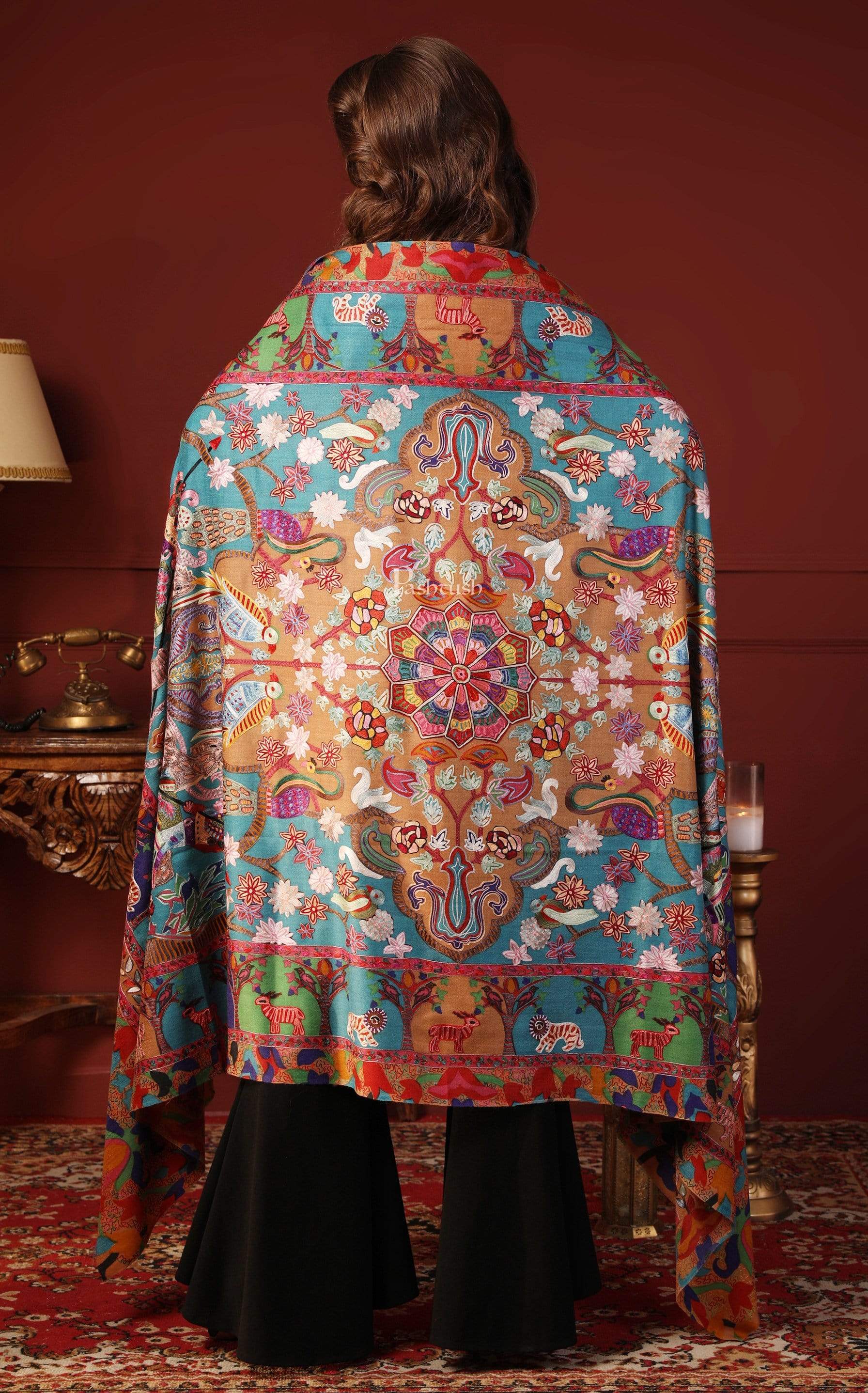 Pashtush India 100x200 PASHTUSH WOMENS SHIKAAR-DAR HAND EMBROIDERED, SHAWL IN FINE WOOL