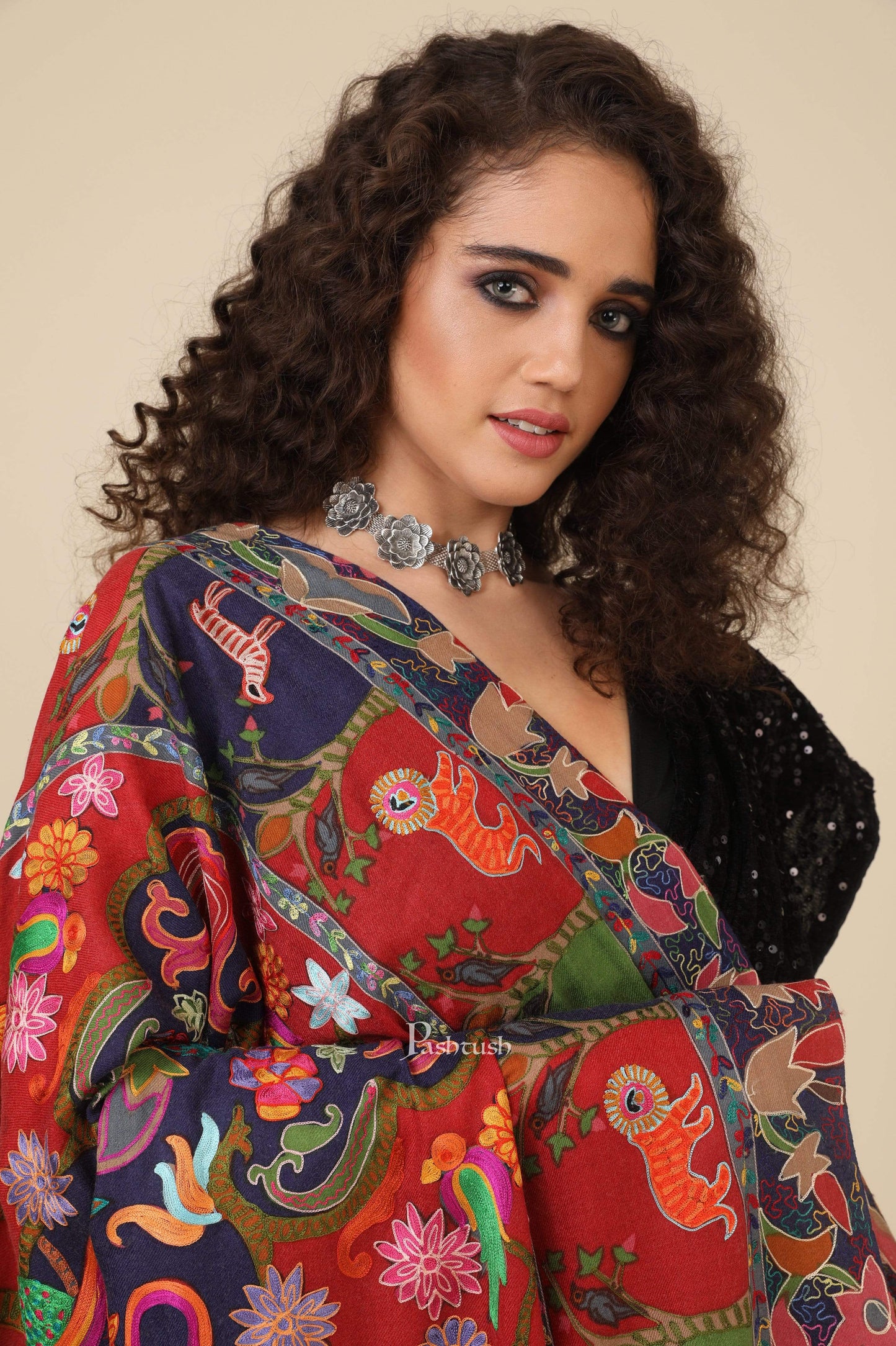 Pashtush India 114x228 Pashtush Womens Shikaar-Dar Hand Embroidered, Shawl In Fine Wool