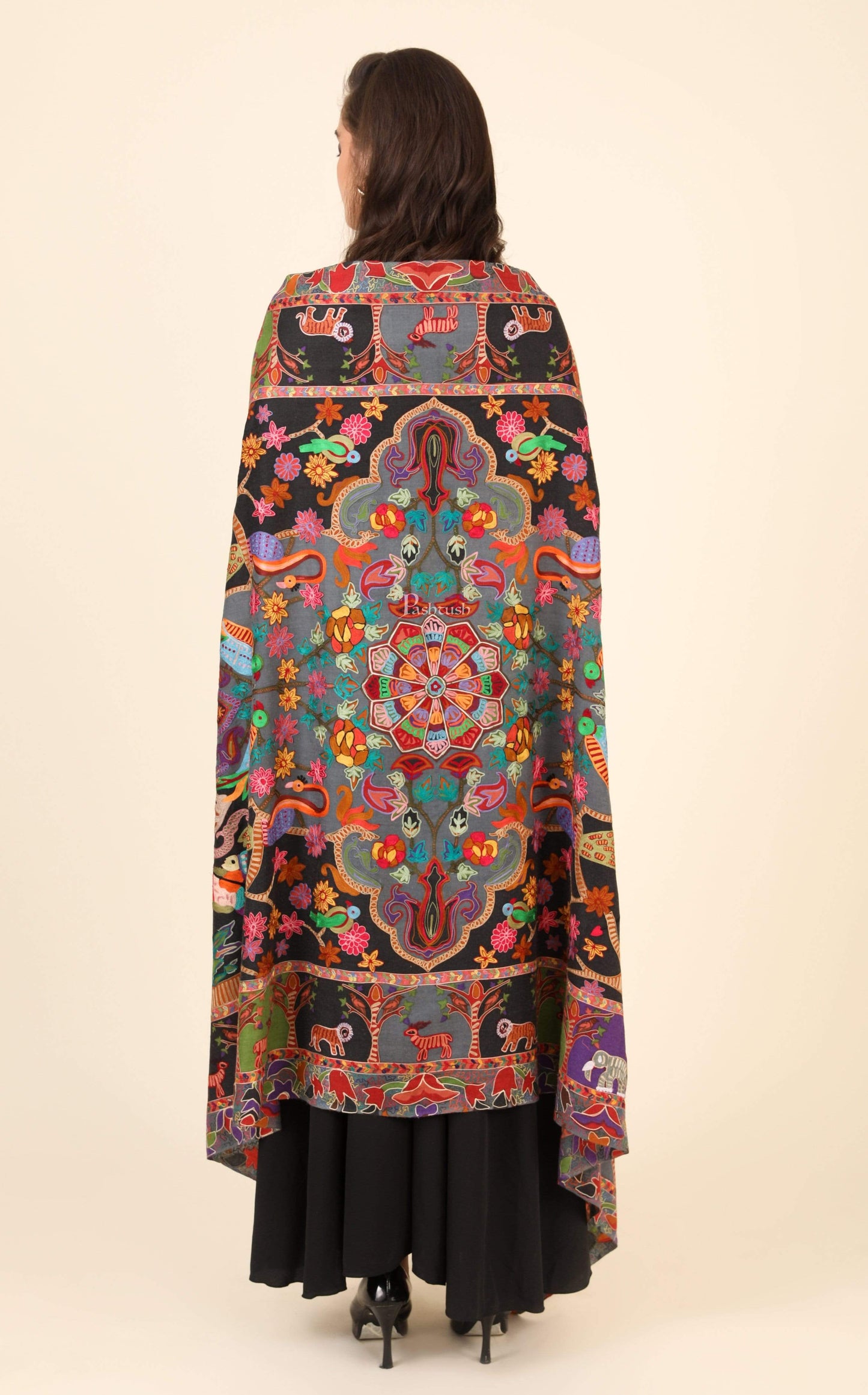 Pashtush India 114x228 Pashtush Womens Shikaar-Dar Hand Embroidered, Shawl In Fine Wool