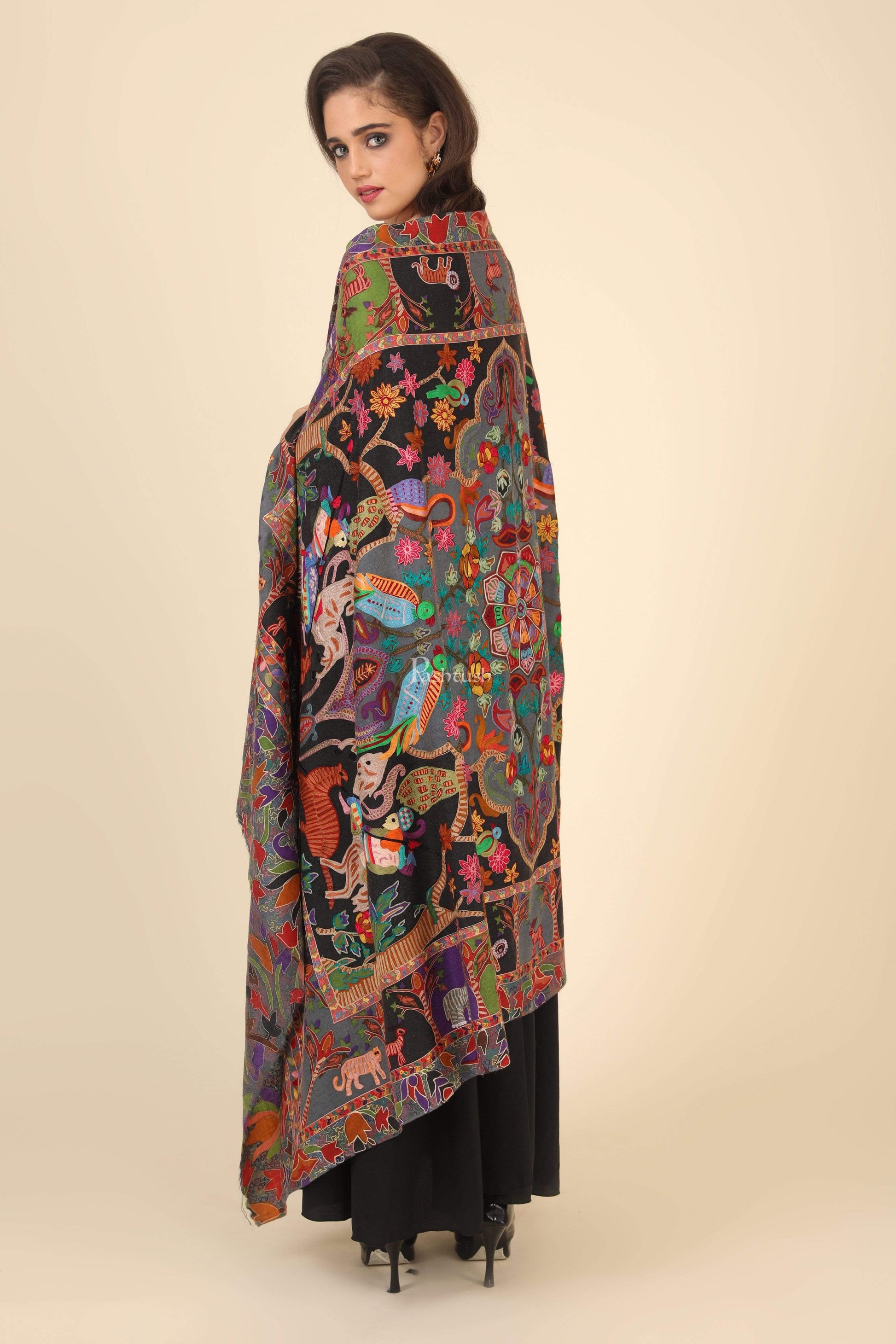 Pashtush India 114x228 Pashtush Womens Shikaar-Dar Hand Embroidered, Shawl In Fine Wool