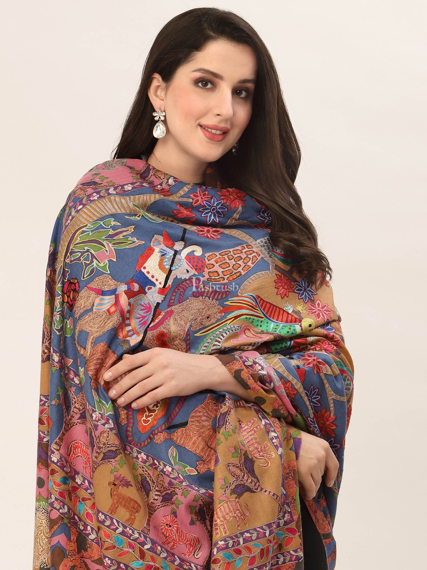 Pashtush India Mens Shawls Gents Shawl Pashtush Womens Shikaar-Dar Hand Embroidered, Shawl In Fine Wool