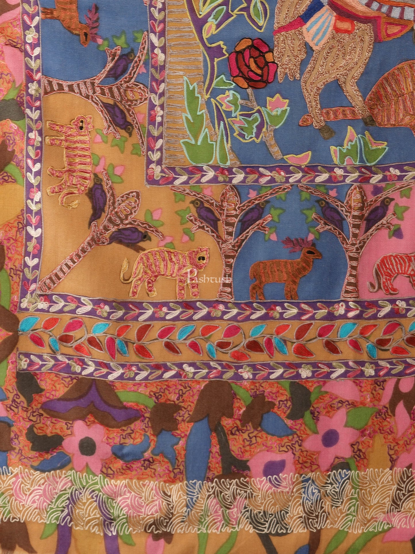 Pashtush India Mens Shawls Gents Shawl Pashtush Womens Shikaar-Dar Hand Embroidered, Shawl In Fine Wool