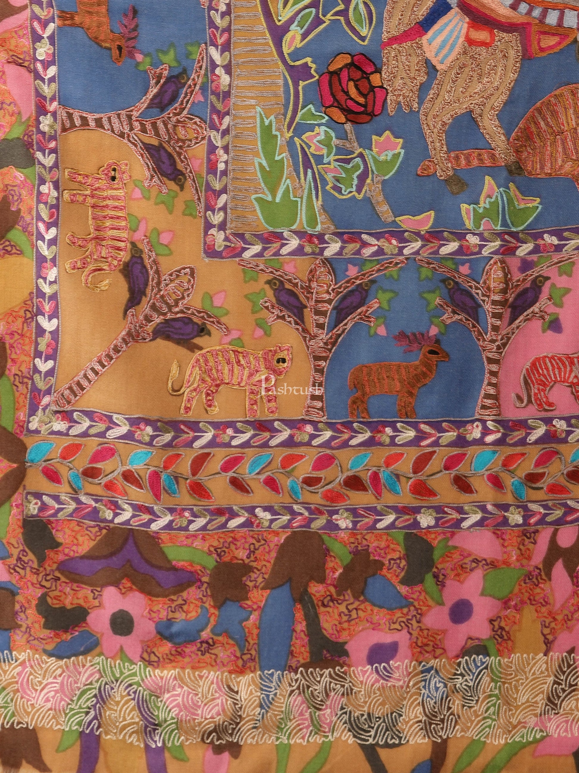 Pashtush India Mens Shawls Gents Shawl Pashtush Womens Shikaar-Dar Hand Embroidered, Shawl In Fine Wool