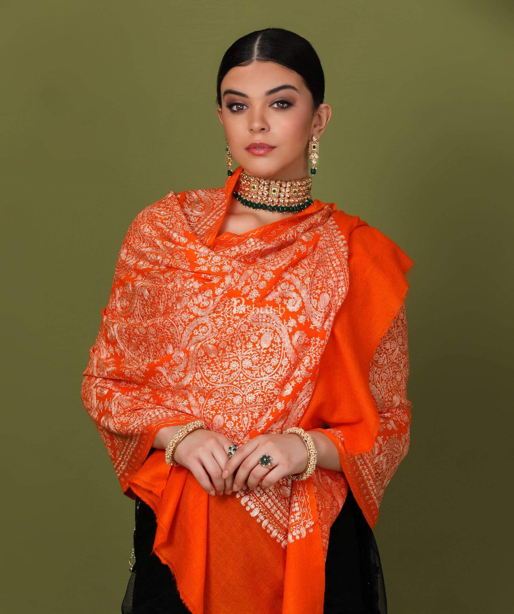 Pashtush Store Stole Pashtush Womens Silk-Cashmere Fine Wool, Nalki Embroidery Needlework Stole, Salamander
