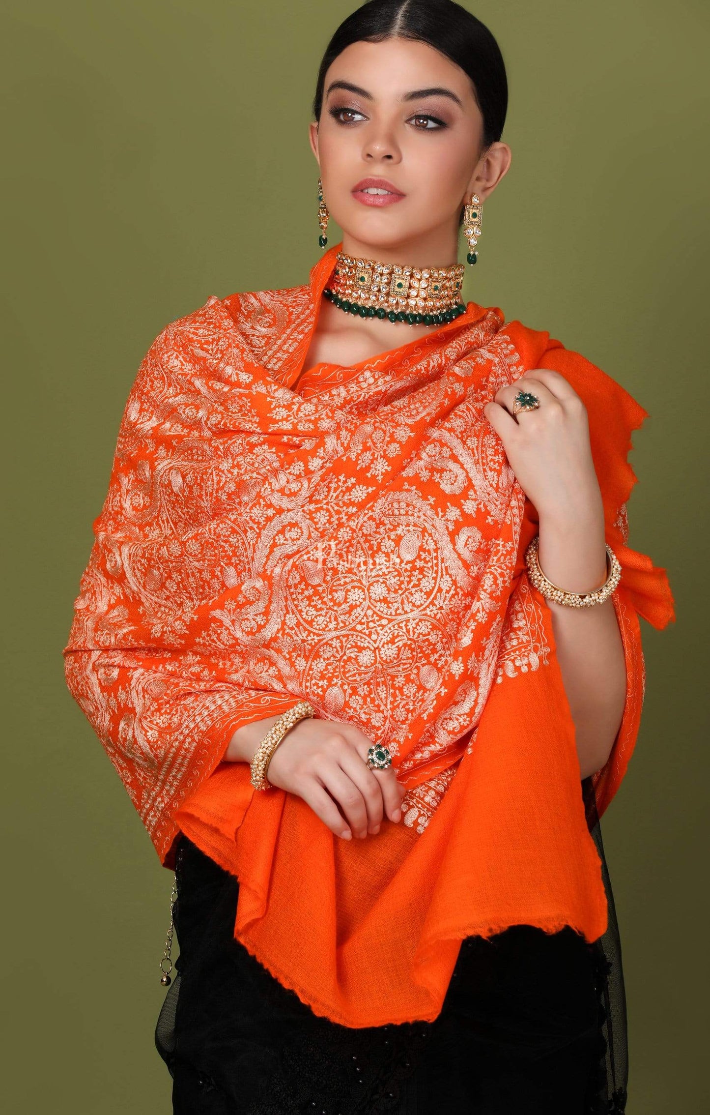 Pashtush Store Stole Pashtush Womens Silk-Cashmere Fine Wool, Nalki Embroidery Needlework Stole, Salamander