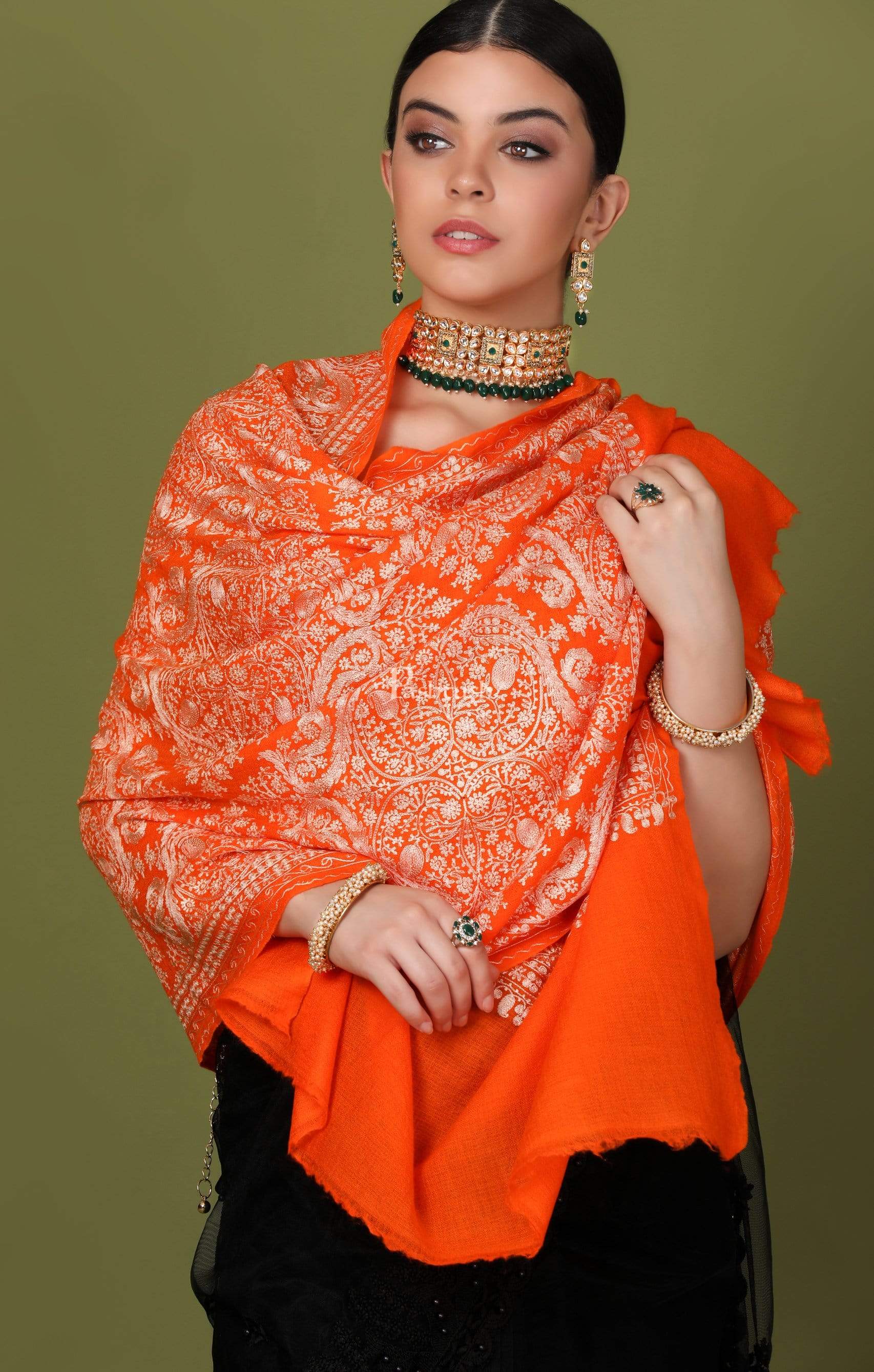 Pashtush Store Stole Pashtush Womens Silk-Cashmere Fine Wool, Nalki Embroidery Needlework Stole, Salamander