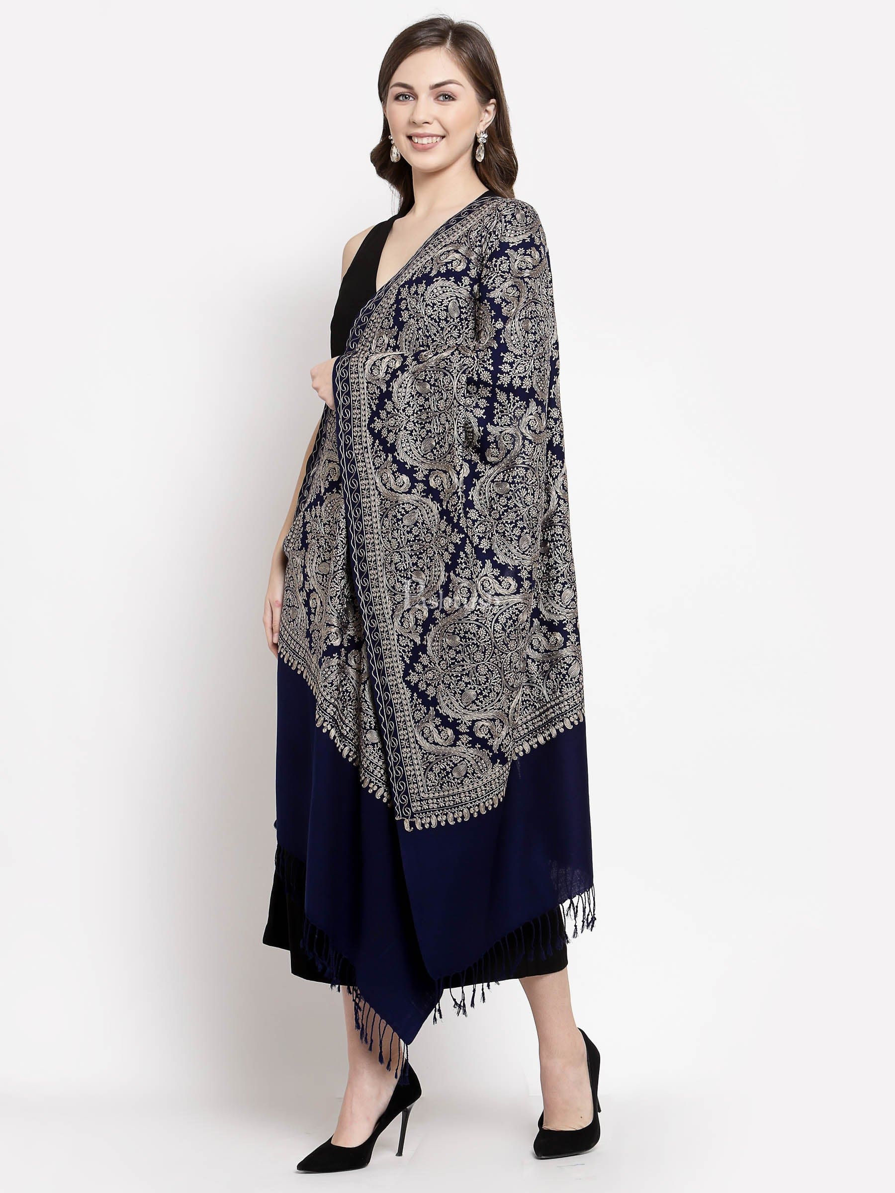 Pashtush India Womens Stoles and Scarves Scarf Pashtush Womens Silk-Fine Wool Blend Wool, Nalki Embroidery Needlework Stole Midnight Blue