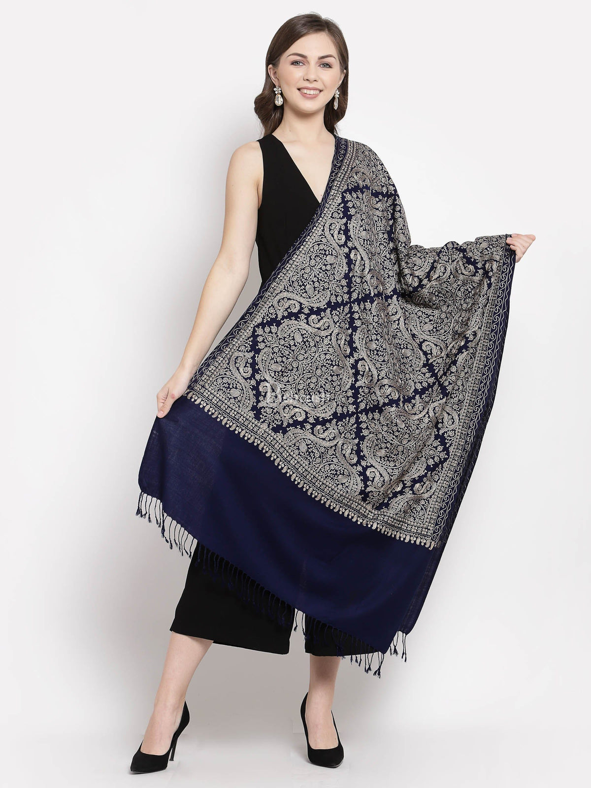 Pashtush India Womens Stoles and Scarves Scarf Pashtush Womens Silk-Fine Wool Blend Wool, Nalki Embroidery Needlework Stole Midnight Blue