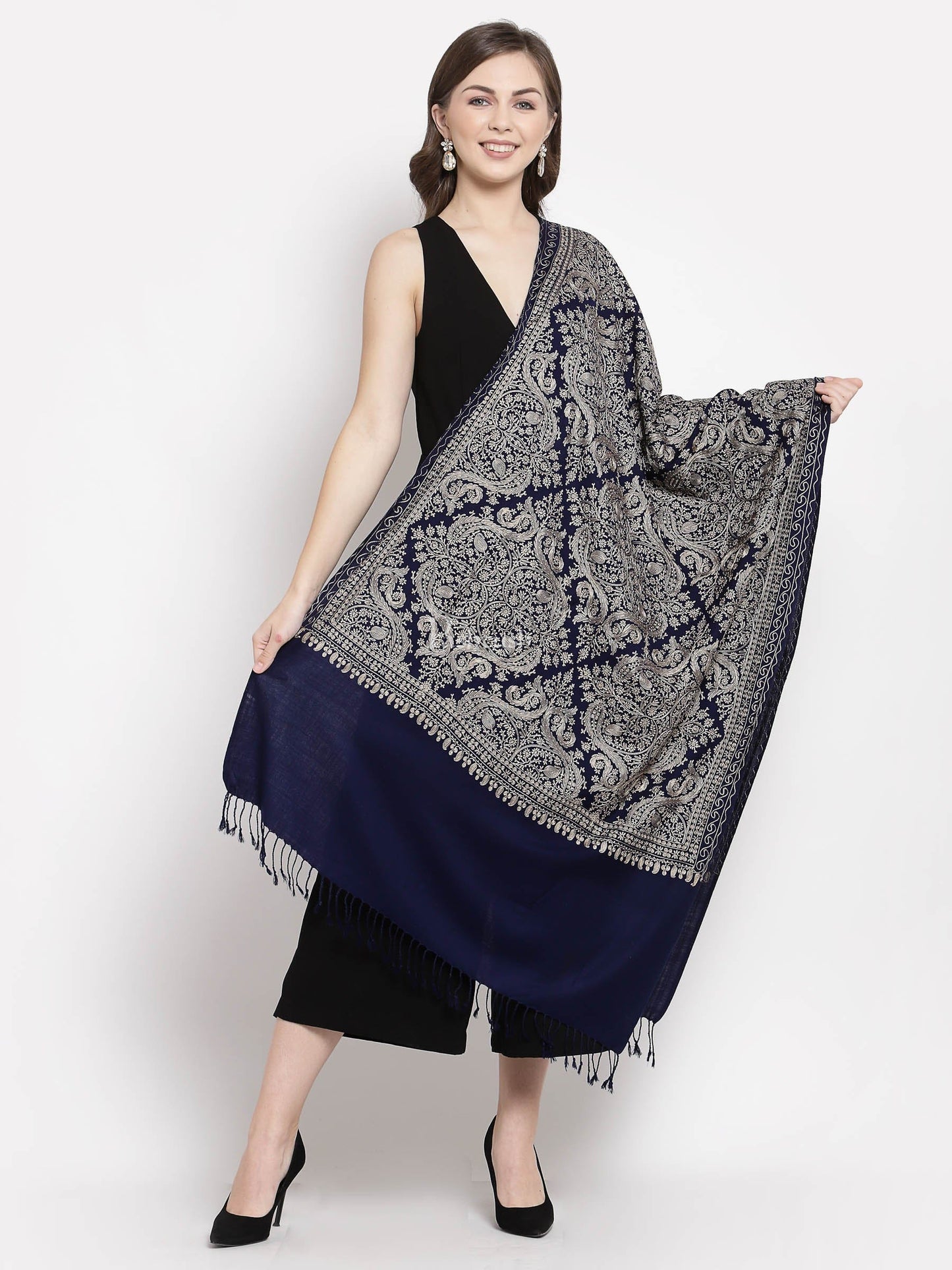 Pashtush India Womens Stoles and Scarves Scarf Pashtush Womens Silk-Fine Wool Blend Wool, Nalki Embroidery Needlework Stole Midnight Blue