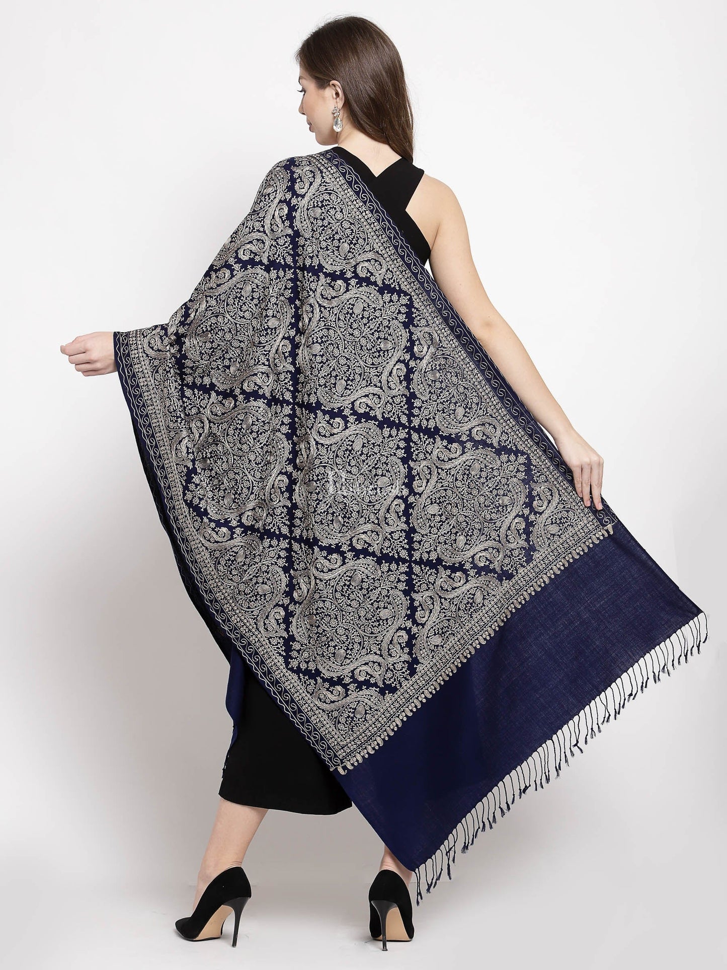 Pashtush India Womens Stoles and Scarves Scarf Pashtush Womens Silk-Fine Wool Blend Wool, Nalki Embroidery Needlework Stole Midnight Blue