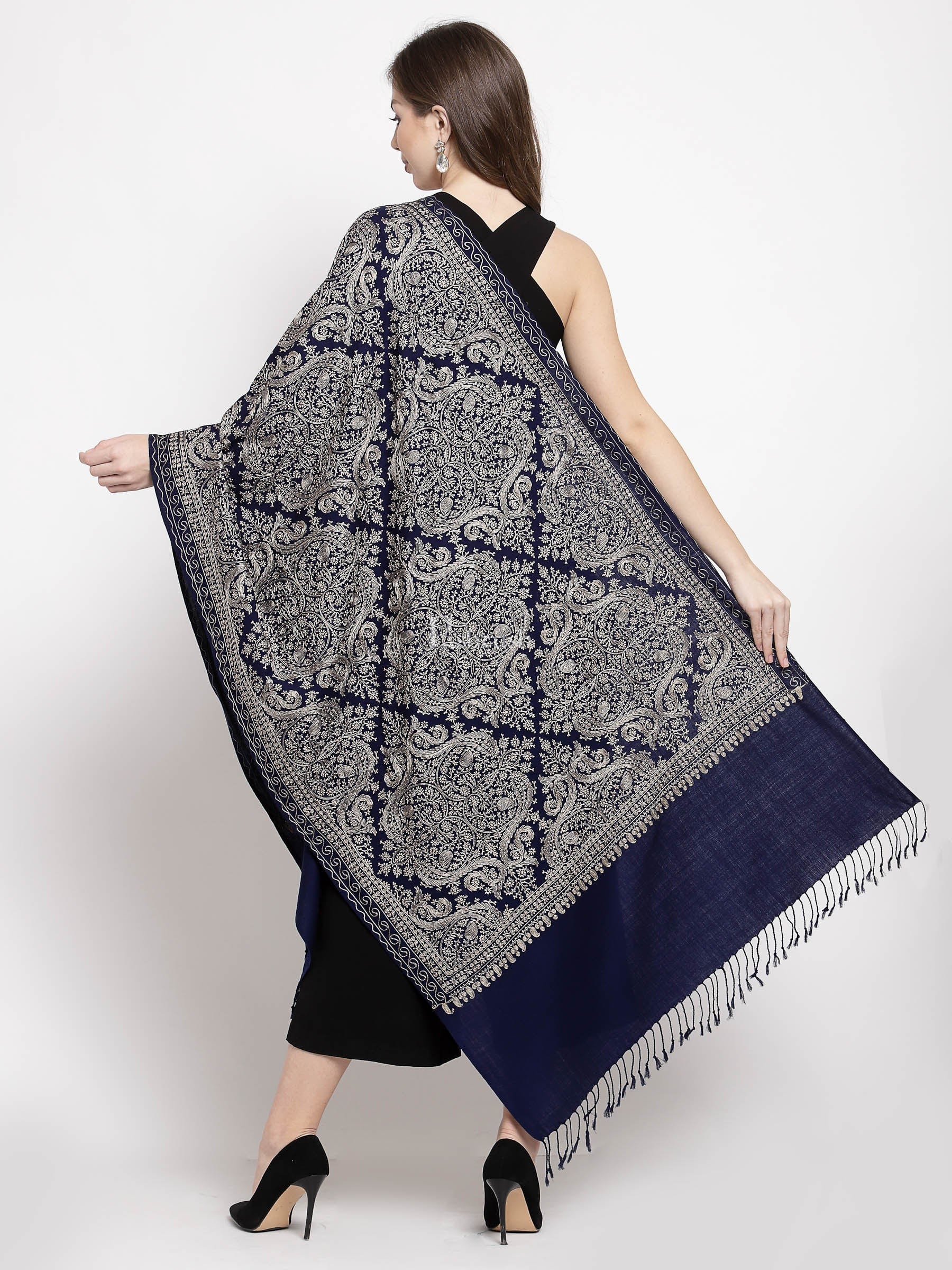 Pashtush India Womens Stoles and Scarves Scarf Pashtush Womens Silk-Fine Wool Blend Wool, Nalki Embroidery Needlework Stole Midnight Blue