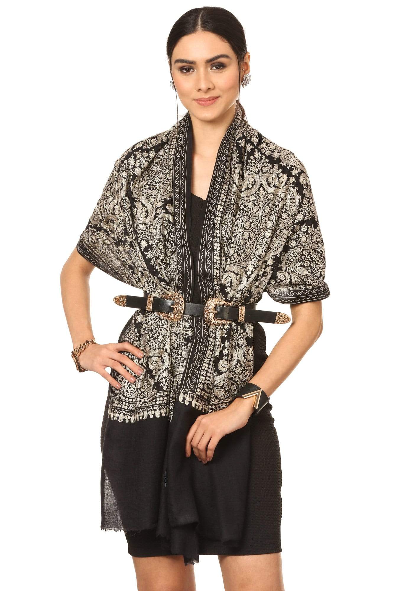 Pashtush India 70x200 Pashtush Womens Silk-Pashmina Fine Wool, Nalki Embroidery Needlework Stole, Black