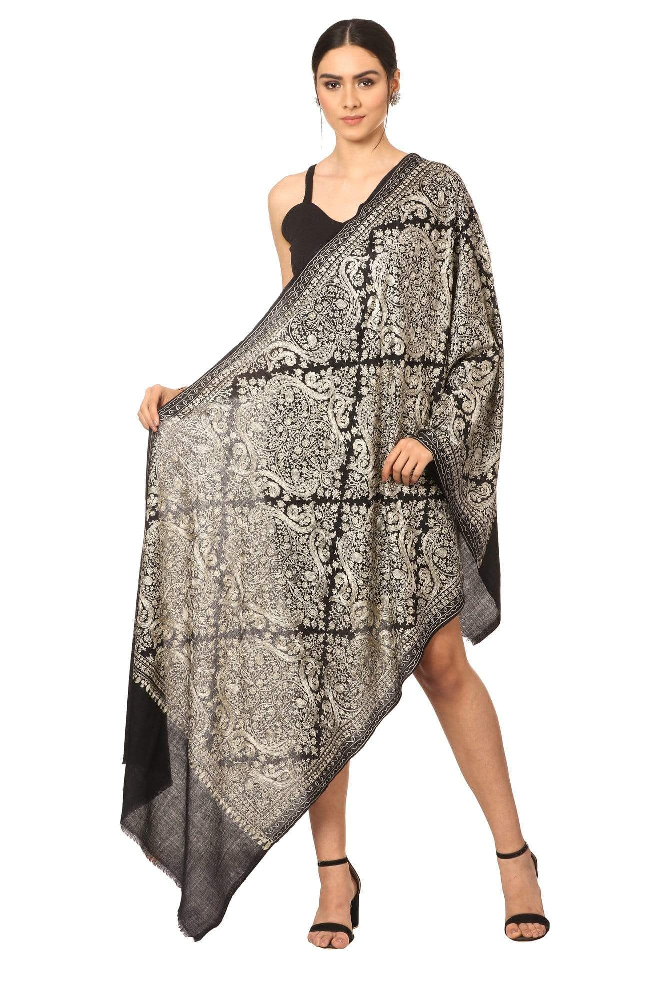 Pashtush India 70x200 Pashtush Womens Silk-Pashmina Fine Wool, Nalki Embroidery Needlework Stole, Black