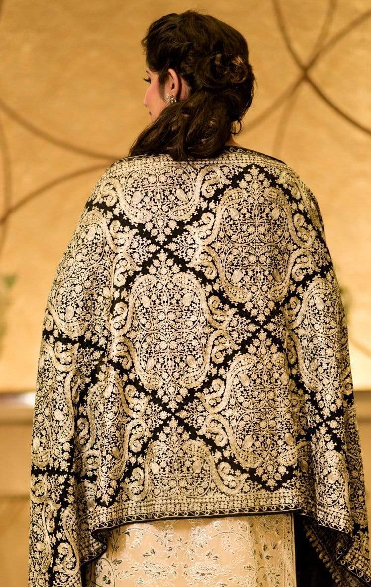 Pashtush India 70x200 Pashtush Womens Silk-Pashmina Fine Wool, Nalki Embroidery Needlework Stole, Black