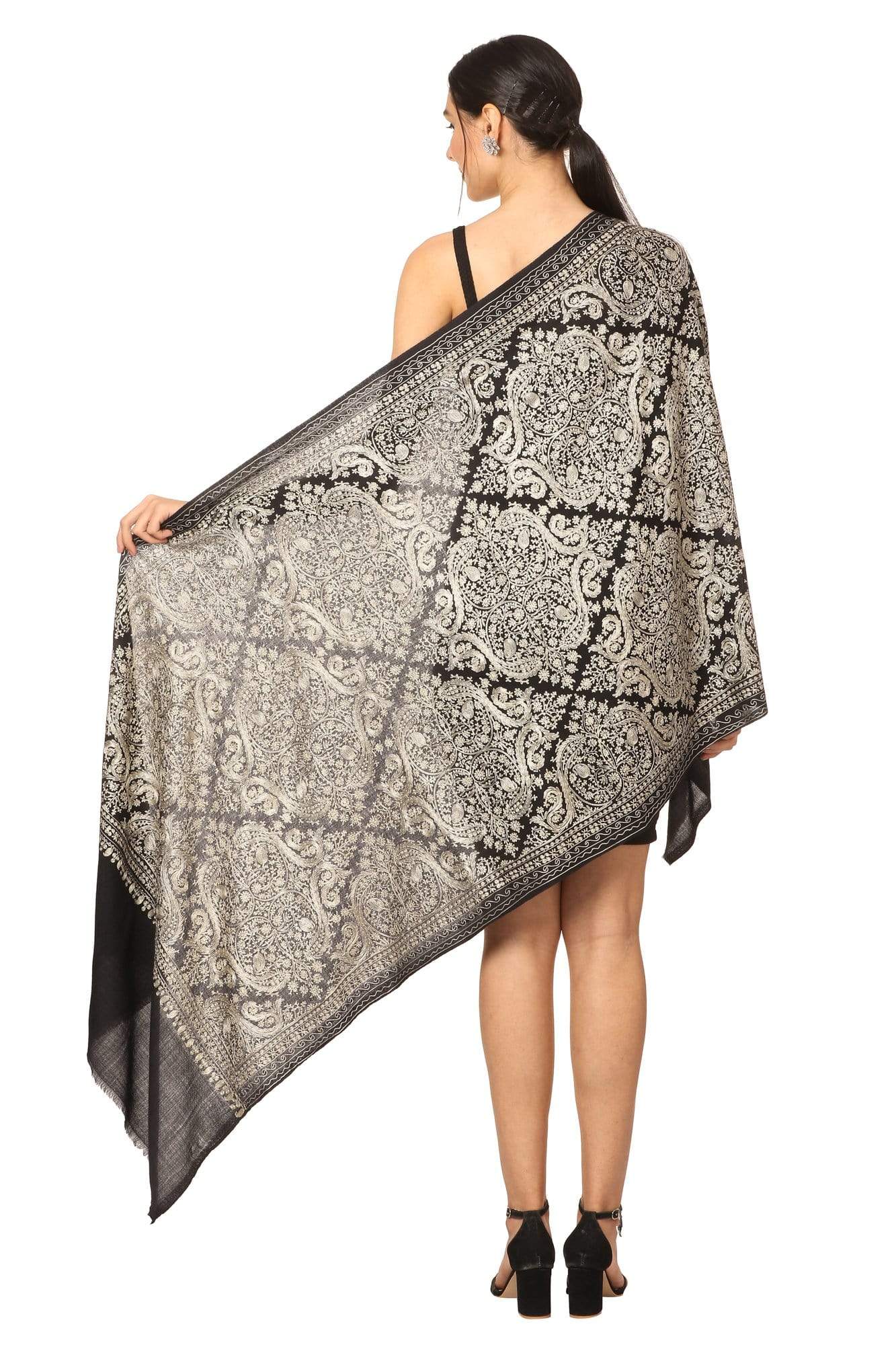 Pashtush India 70x200 Pashtush Womens Silk-Pashmina Fine Wool, Nalki Embroidery Needlework Stole, Black