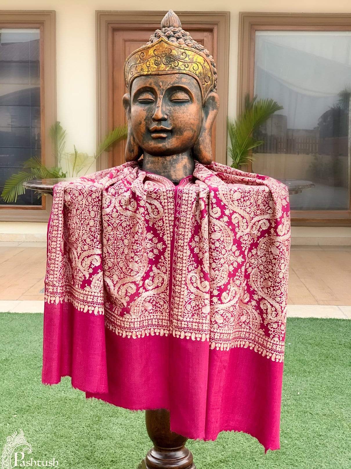 Pashtush Store Stole Pashtush Womens Silk-Pashmina Fine Wool, Nalki Embroidery Needlework Stole (28x80 inches) Deep Pink