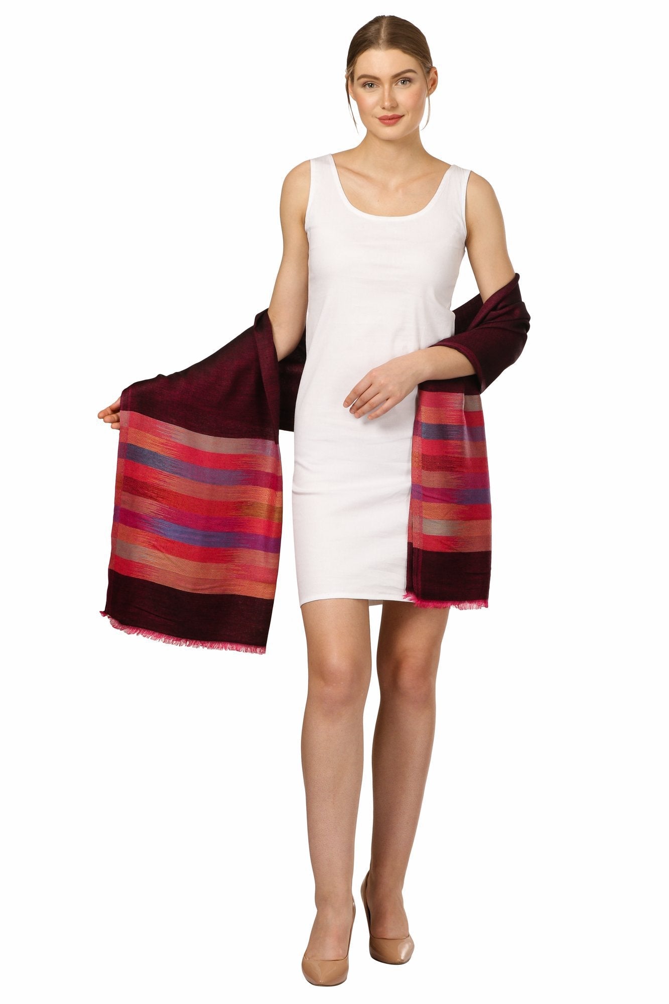 Pashtush Womens Soft Bamboo Stole, Reversible Design, Twin Colored, With Multi Colored Stripes