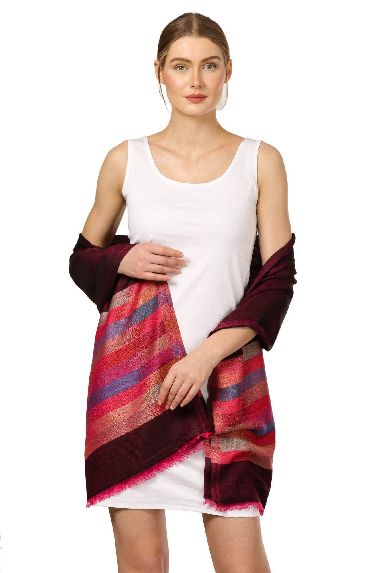 Pashtush Womens Soft Bamboo Stole, Reversible Design, Twin Colored, With Multi Colored Stripes