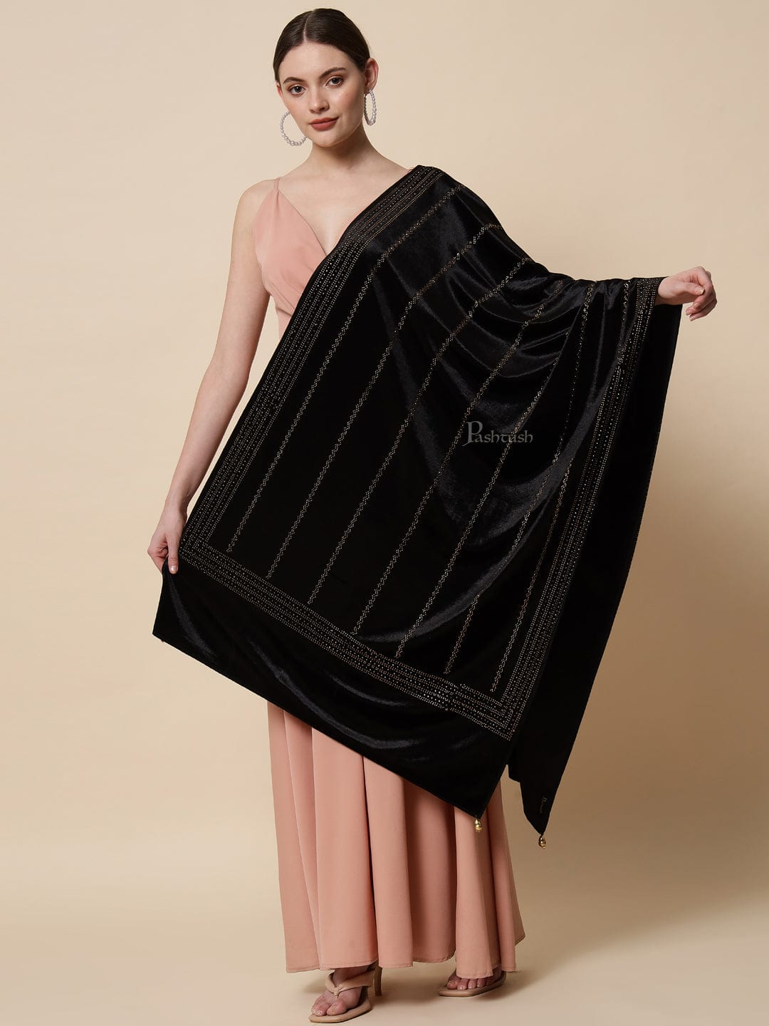 Pashtush India Womens Stoles and Scarves Scarf Pashtush Womens Soft Velvet Stole, Embellished With Shimmery Crystal Work, Black