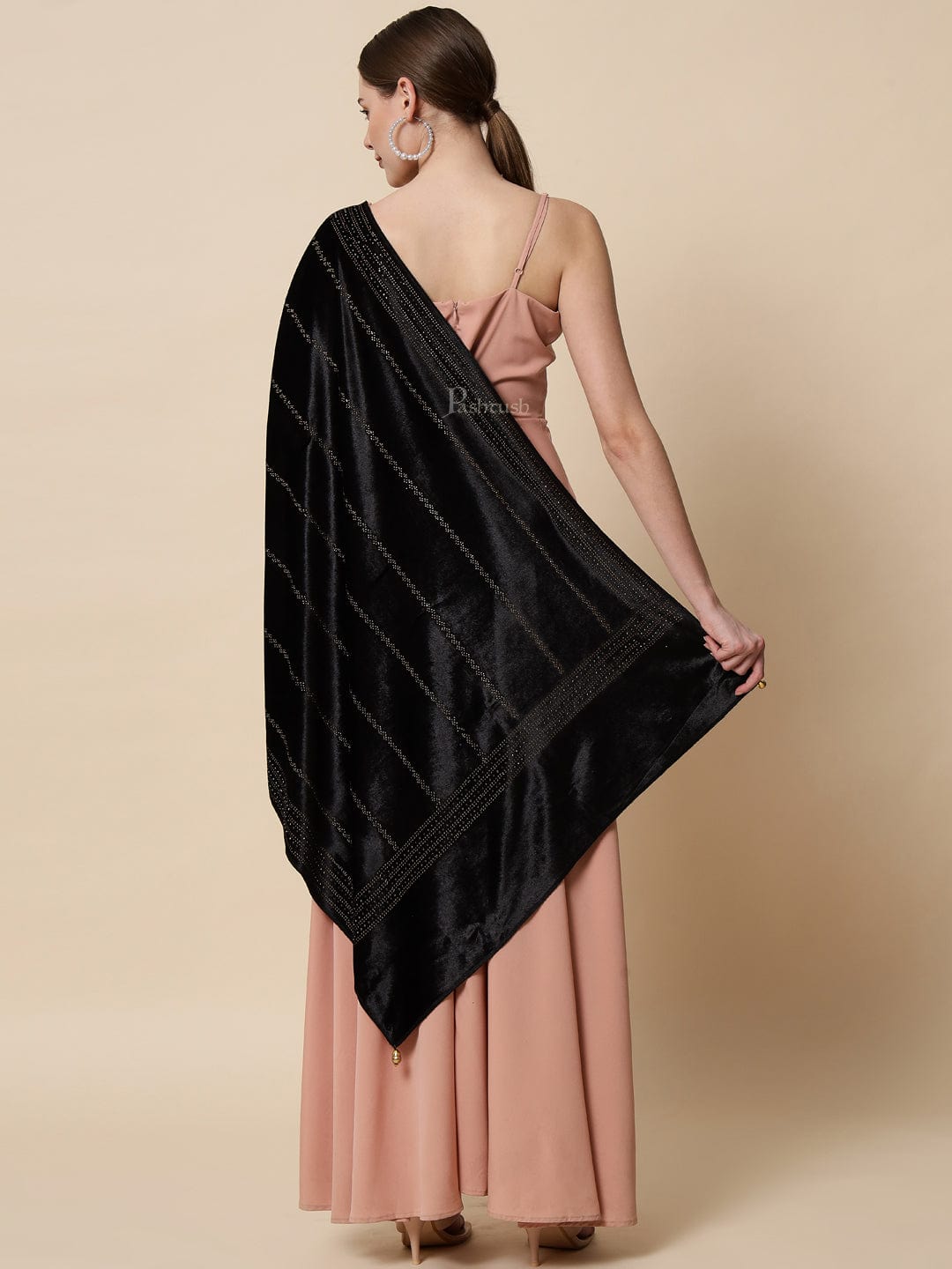 Pashtush India Womens Stoles and Scarves Scarf Pashtush Womens Soft Velvet Stole, Embellished With Shimmery Crystal Work, Black