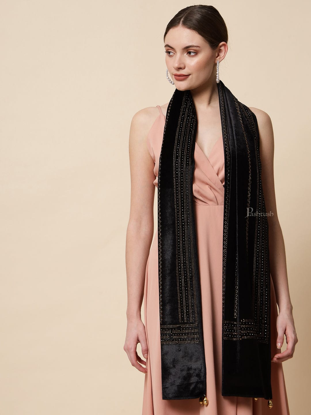Pashtush India Womens Stoles and Scarves Scarf Pashtush Womens Soft Velvet Stole, Embellished With Shimmery Crystal Work, Black
