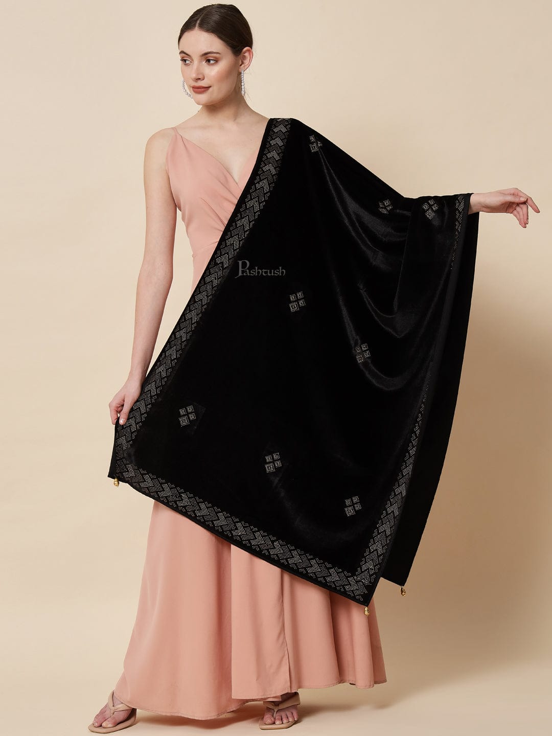 Pashtush India Womens Stoles and Scarves Scarf Pashtush Womens Soft Velvet Stole, Embellished With Shimmery Crystal Work, Black
