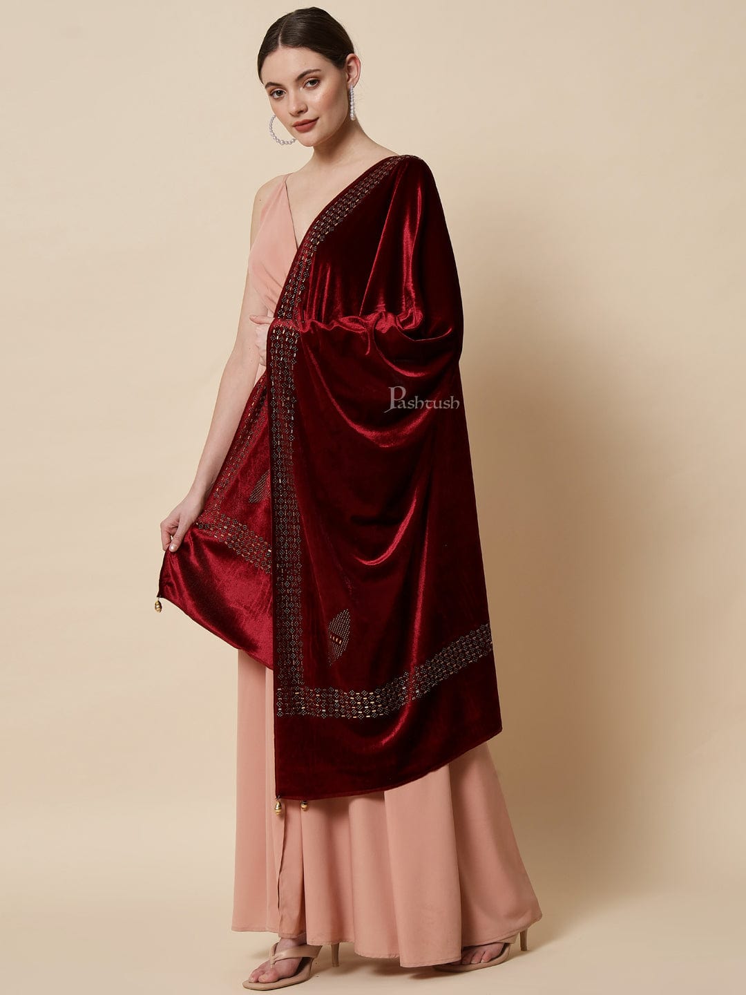 Pashtush India Womens Stoles and Scarves Scarf Pashtush Womens Soft Velvet Stole, Embellished With Shimmery Crystal Work, Maroon