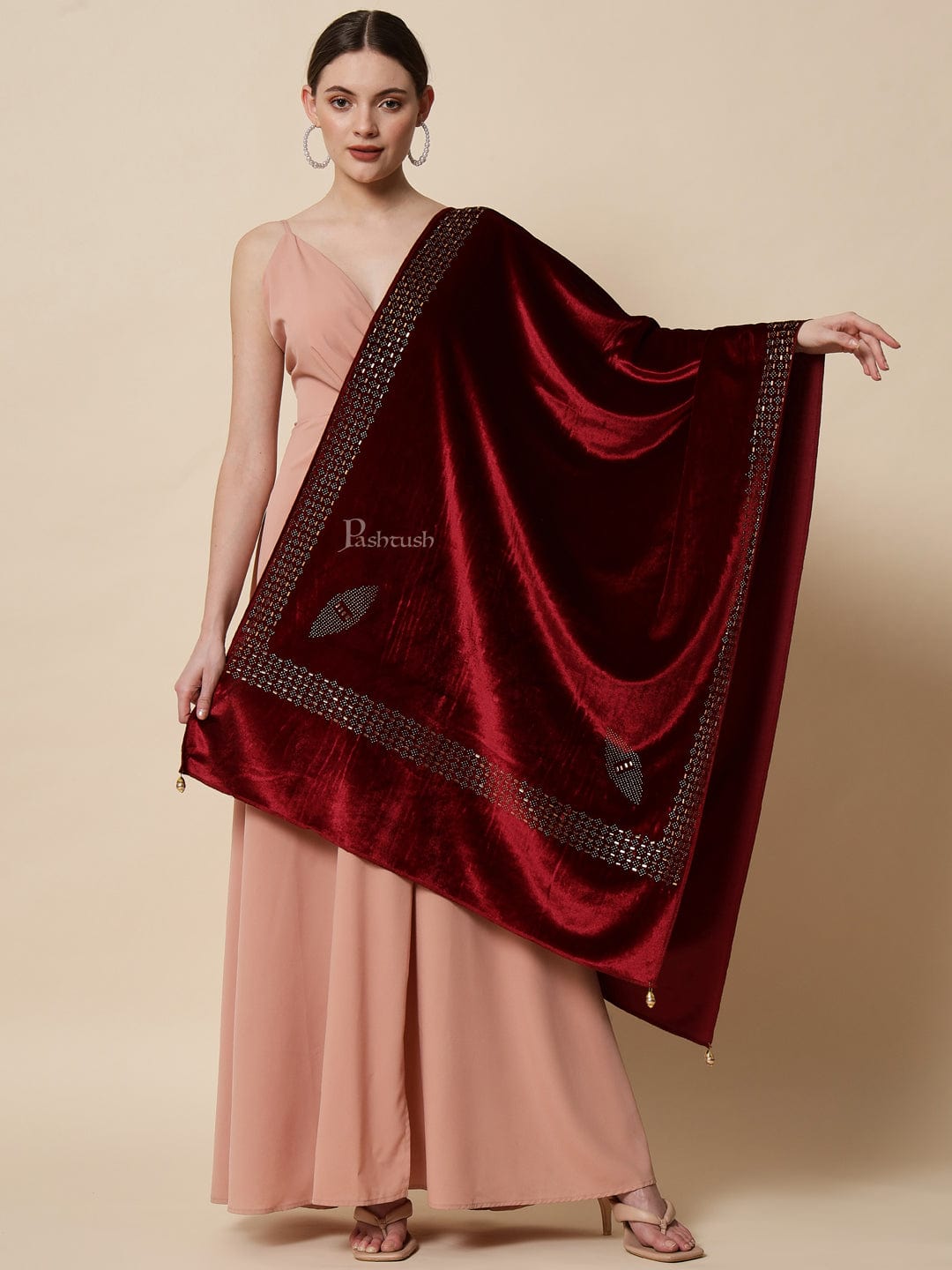 Pashtush India Womens Stoles and Scarves Scarf Pashtush Womens Soft Velvet Stole, Embellished With Shimmery Crystal Work, Maroon