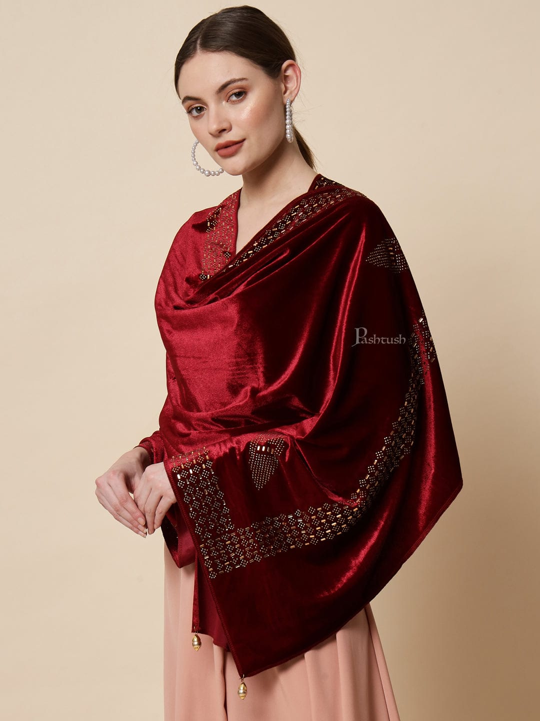 Pashtush India Womens Stoles and Scarves Scarf Pashtush Womens Soft Velvet Stole, Embellished With Shimmery Crystal Work, Maroon
