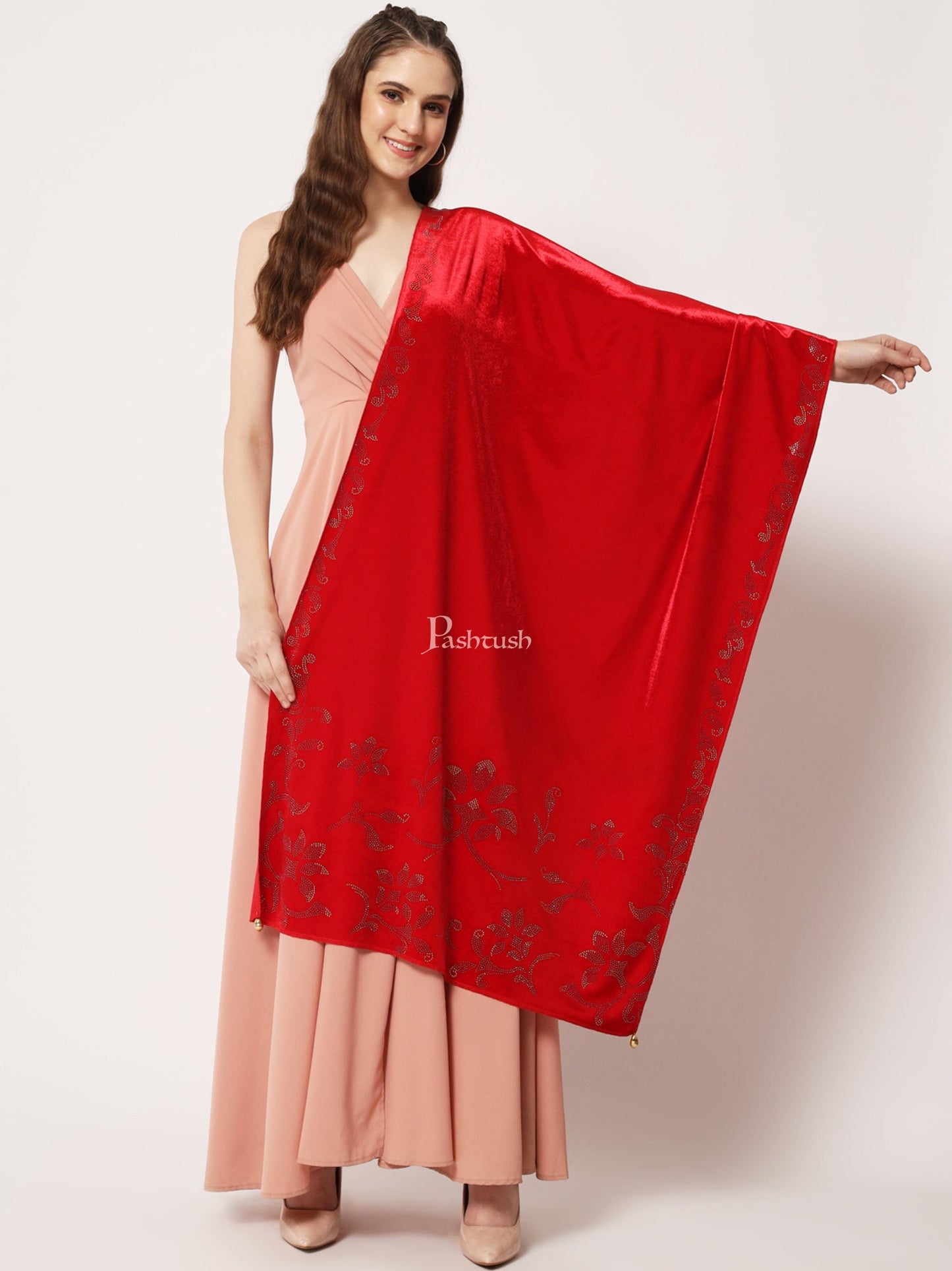 Pashtush India Womens Stoles and Scarves Scarf Pashtush Womens Soft Velvet Stole, Embellished With Shimmery Crystal Work, Red