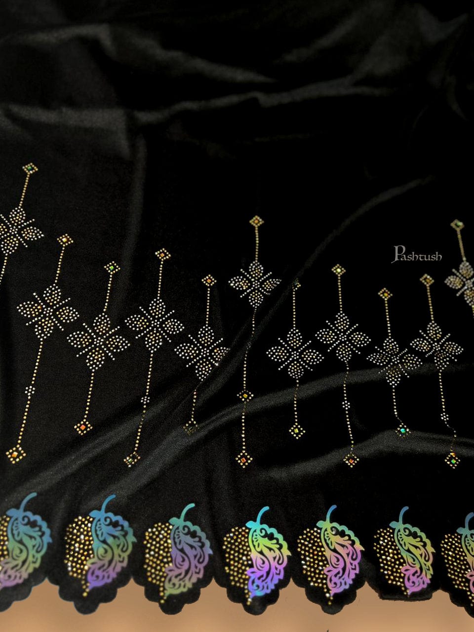 Pashtush India Womens Stoles and Scarves Scarf Pashtush Womens Soft Velvet Stole, Embellished With Shimmery Crystal Work, Twilight Collection, Black