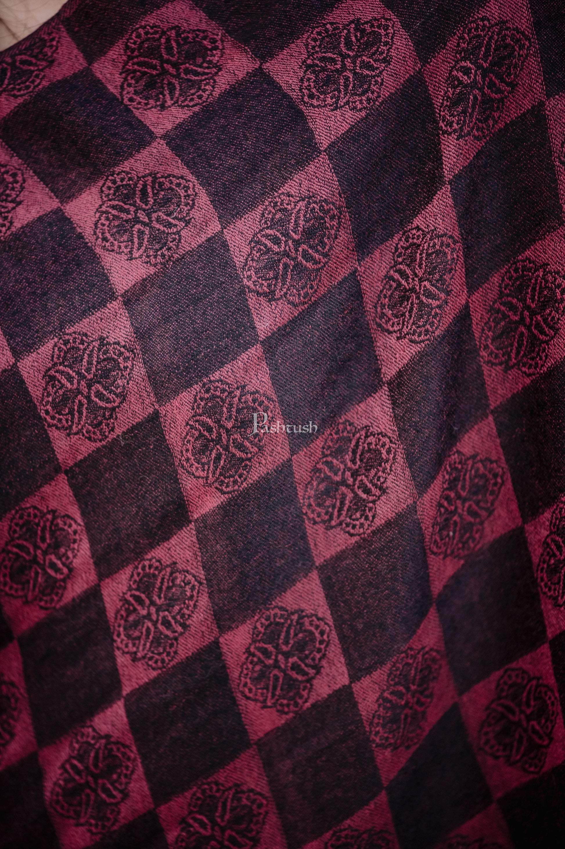 Pashtush India Womens Stoles and Scarves Scarf Pashtush Womens Soft Wool Scarf, Checkered Weave, Black And Maroon