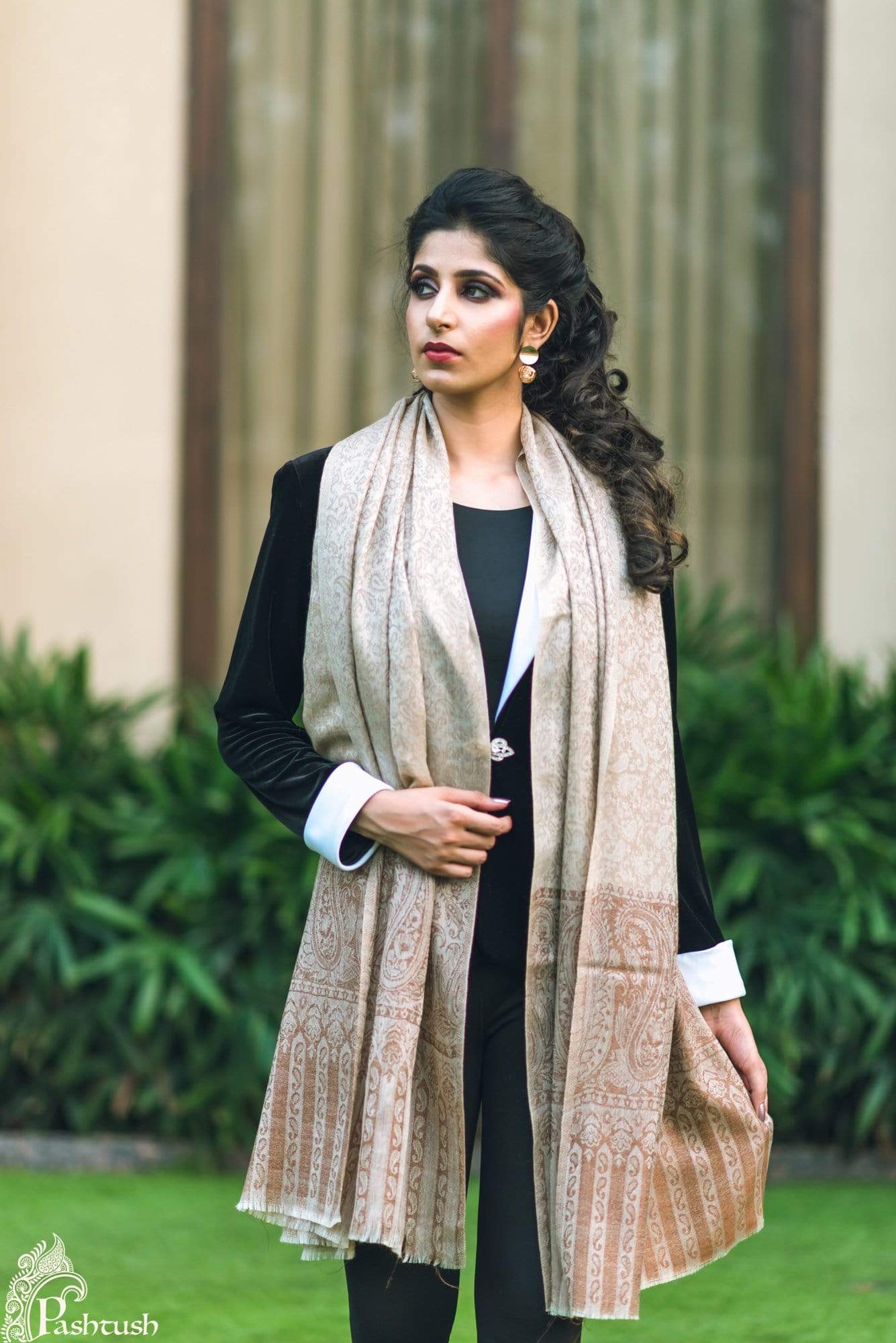 Pashtush Store Shawl Pashtush Womens Soft Wool Shawl, Jacquard design, Beige
