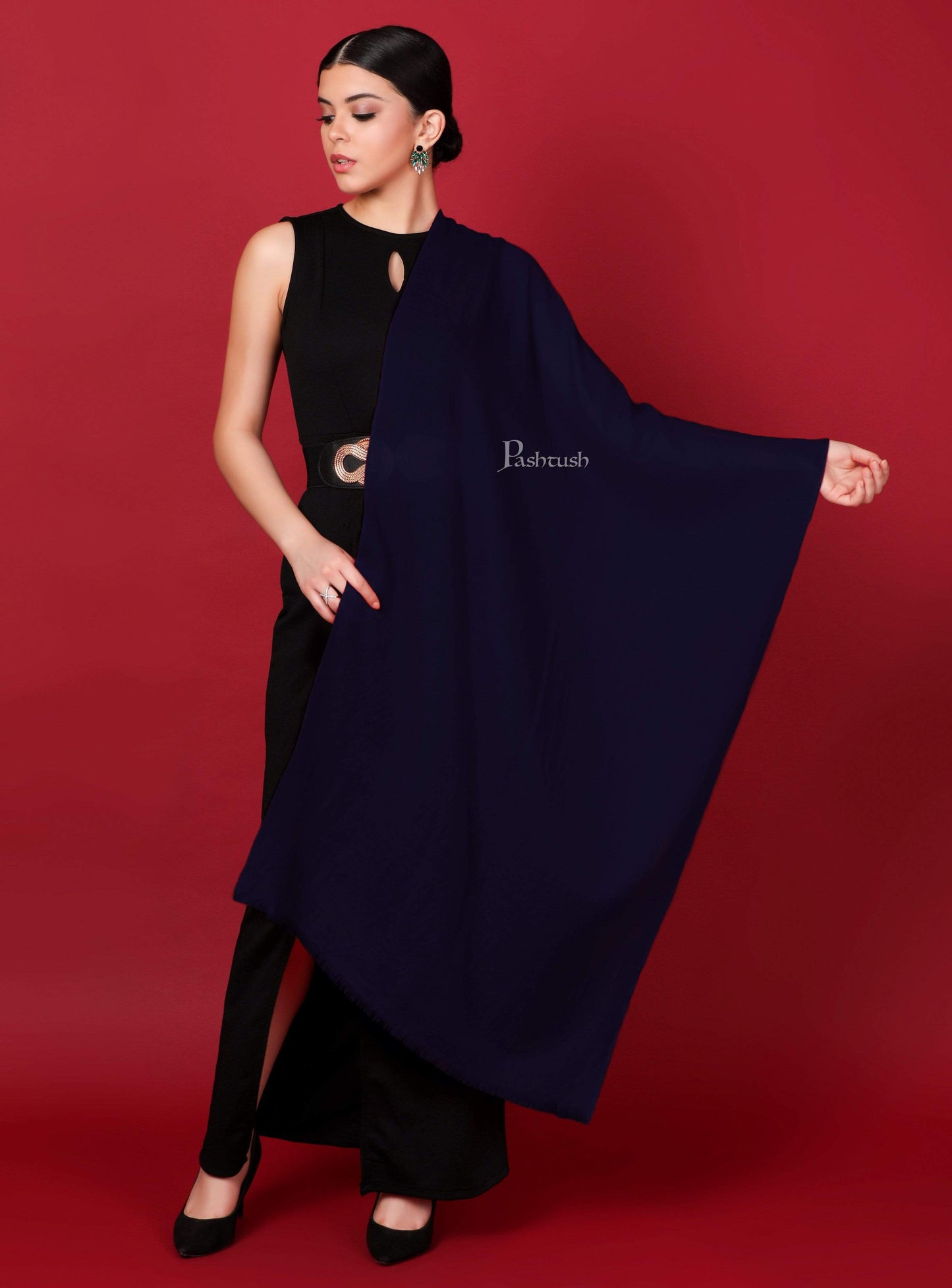 Pashtush India 70x200 Pashtush Womens Softest Cashmere Pashmina Scarf, Diamond Weave, Navy Blue