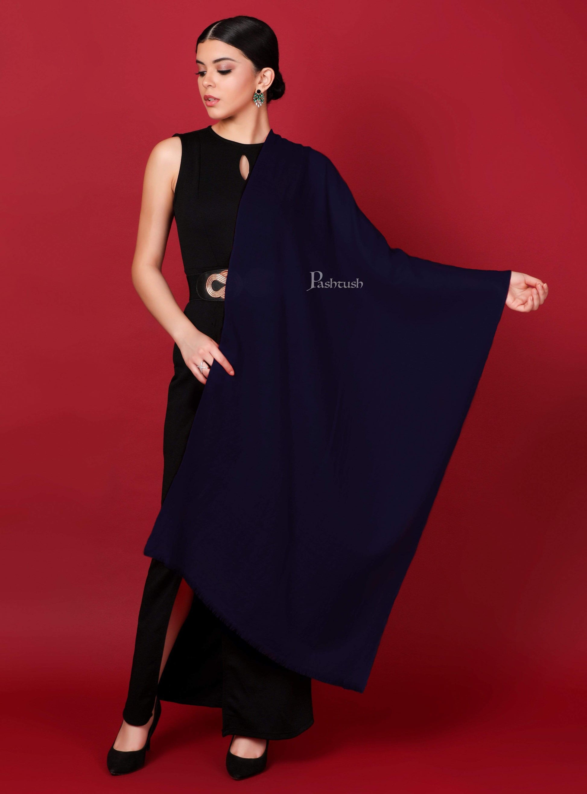 Pashtush India 70x200 Pashtush Womens Softest Cashmere Pashmina Scarf, Diamond Weave, Navy Blue