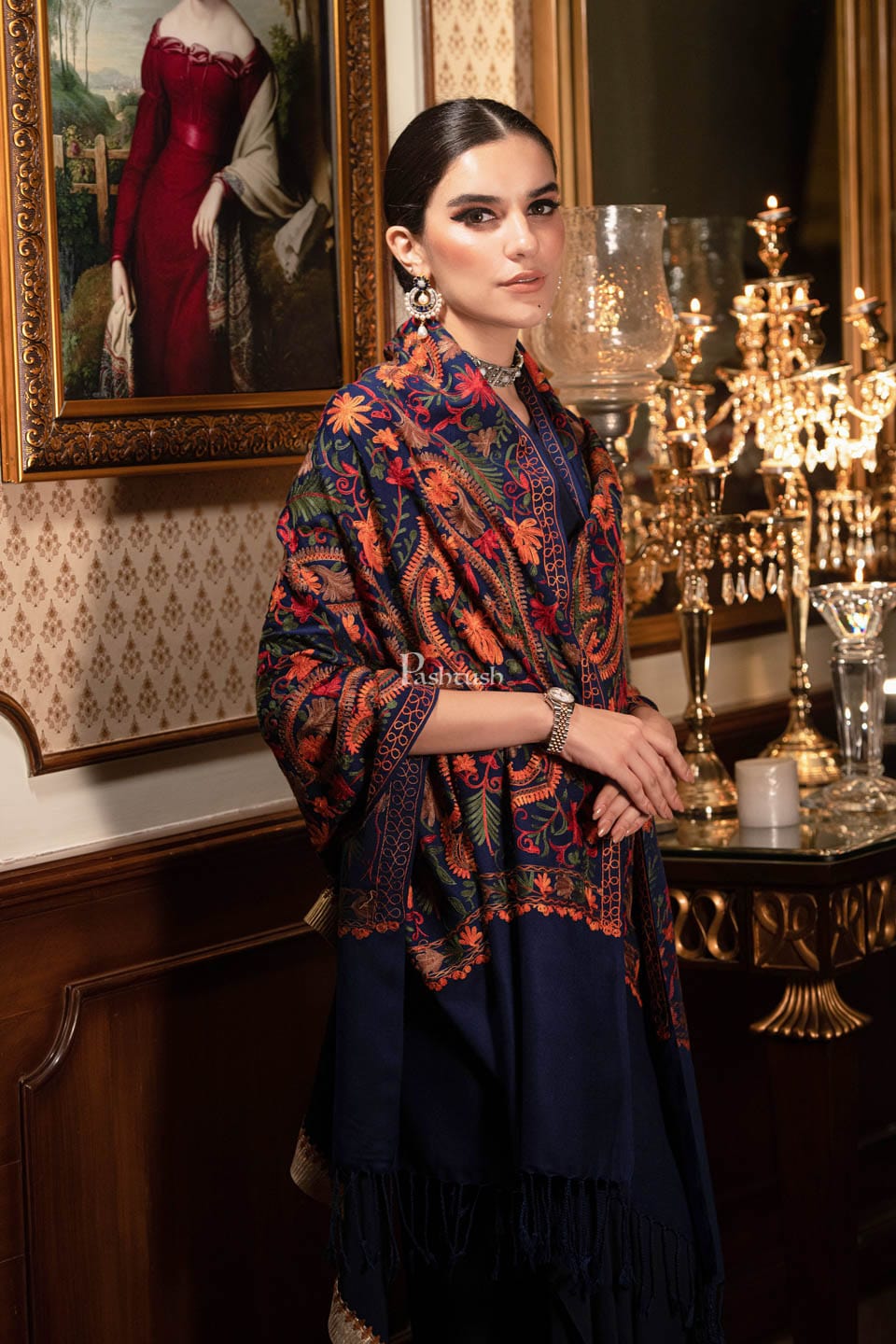 Pashtush India Womens Stoles and Scarves Scarf Pashtush Womens Stole, aari embroidery, Victorian Paisleys, Navy Blue
