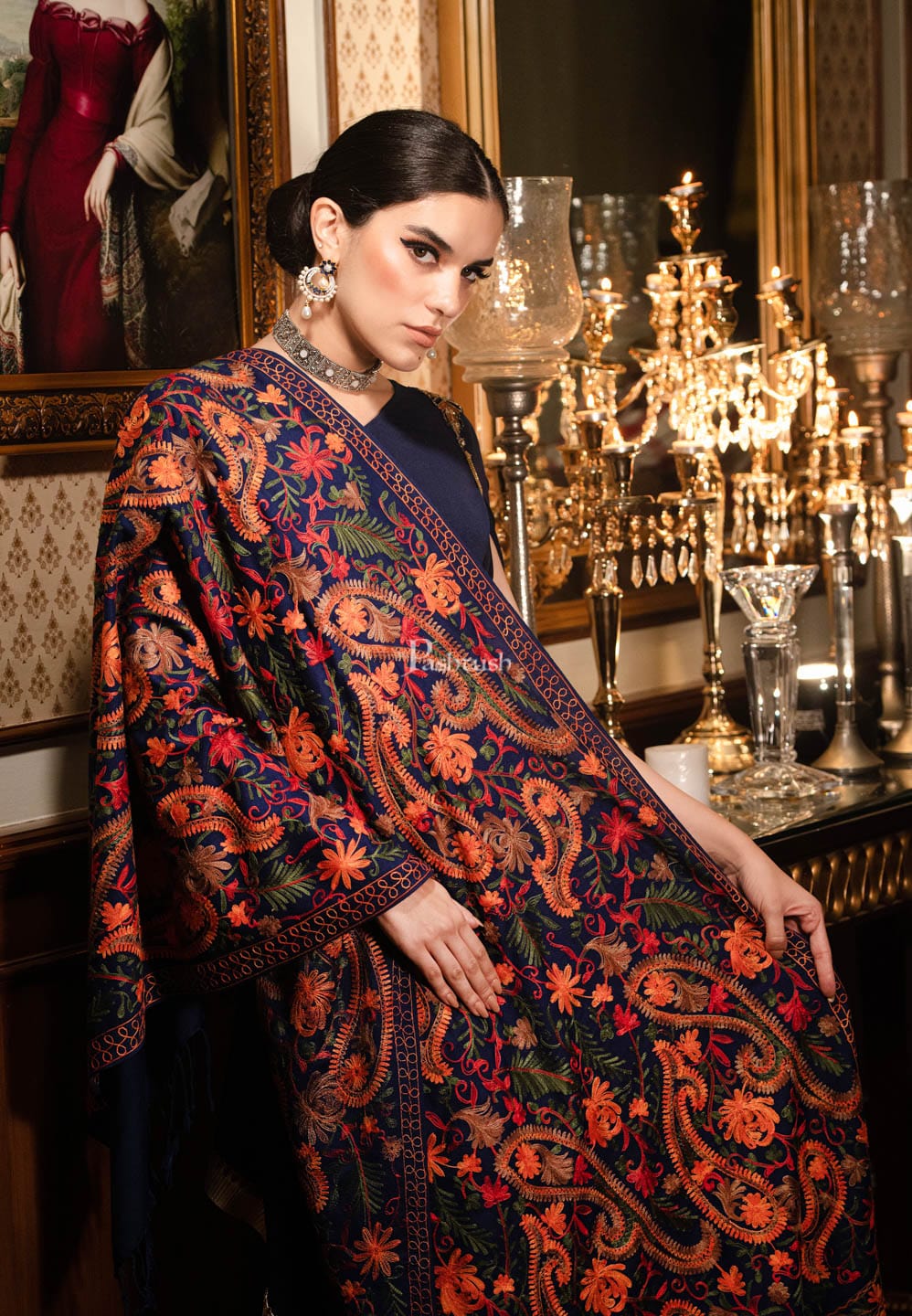 Pashtush India Womens Stoles and Scarves Scarf Pashtush Womens Stole, aari embroidery, Victorian Paisleys, Navy Blue