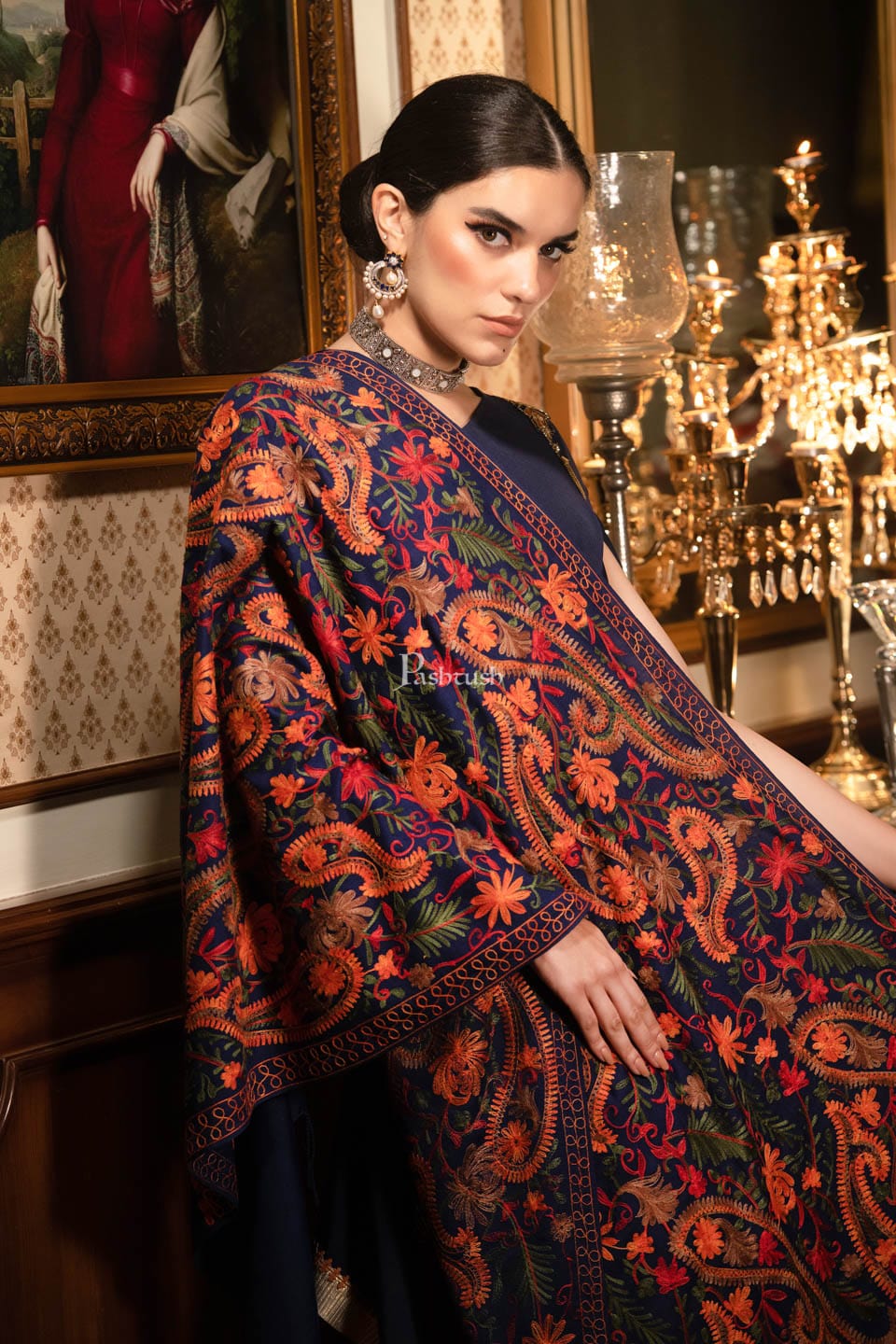 Pashtush India Womens Stoles and Scarves Scarf Pashtush Womens Stole, aari embroidery, Victorian Paisleys, Navy Blue