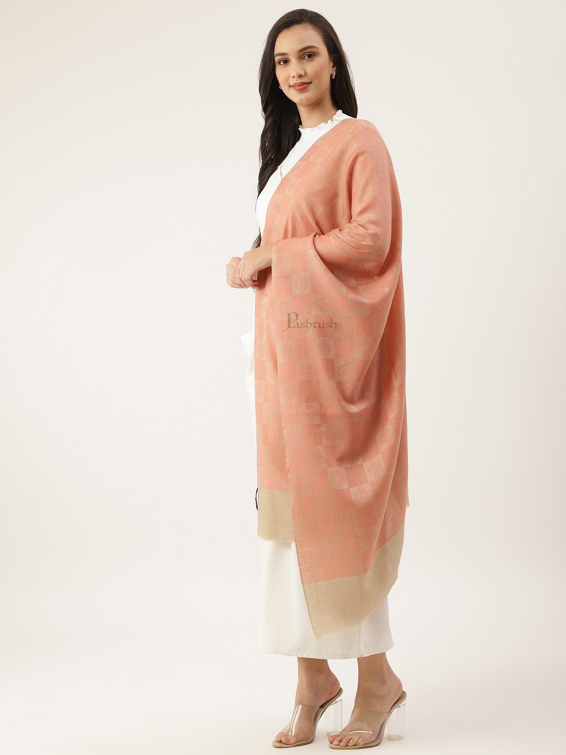 Pashtush India Womens Stoles and Scarves Scarf Pashtush womens Stole, Checkered design, Peach