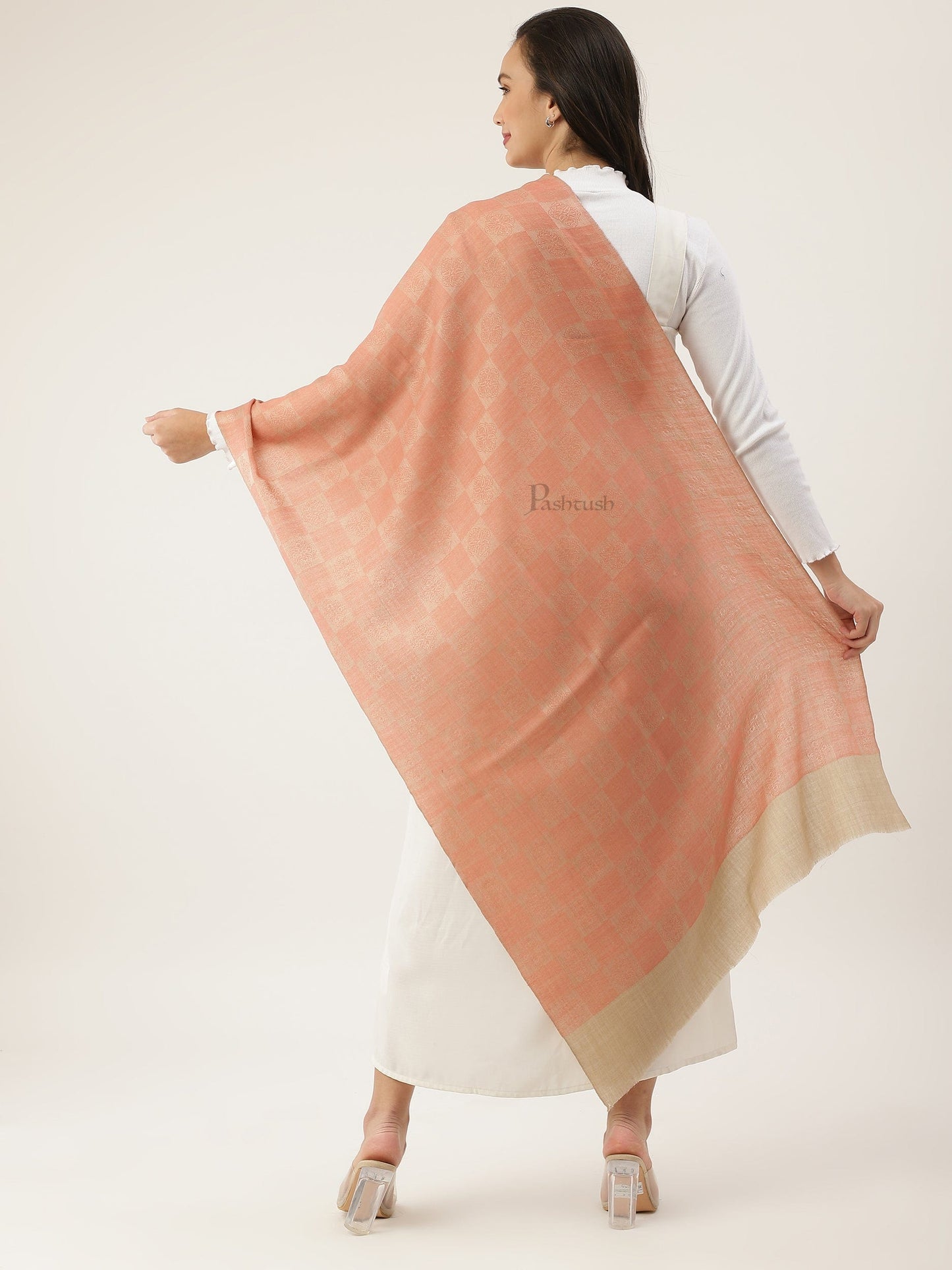 Pashtush India Womens Stoles and Scarves Scarf Pashtush womens Stole, Checkered design, Peach
