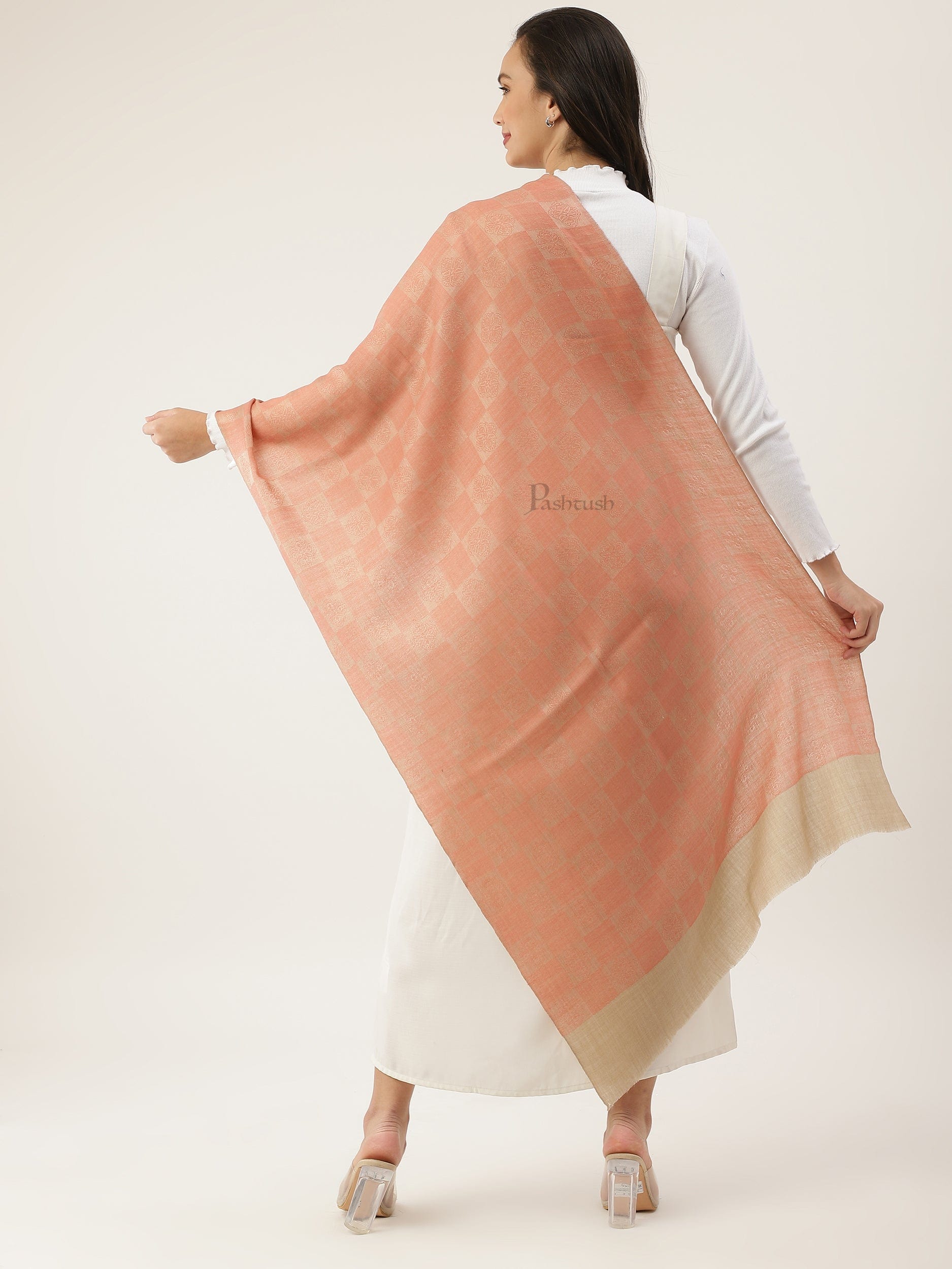 Pashtush India Womens Stoles and Scarves Scarf Pashtush womens Stole, Checkered design, Peach
