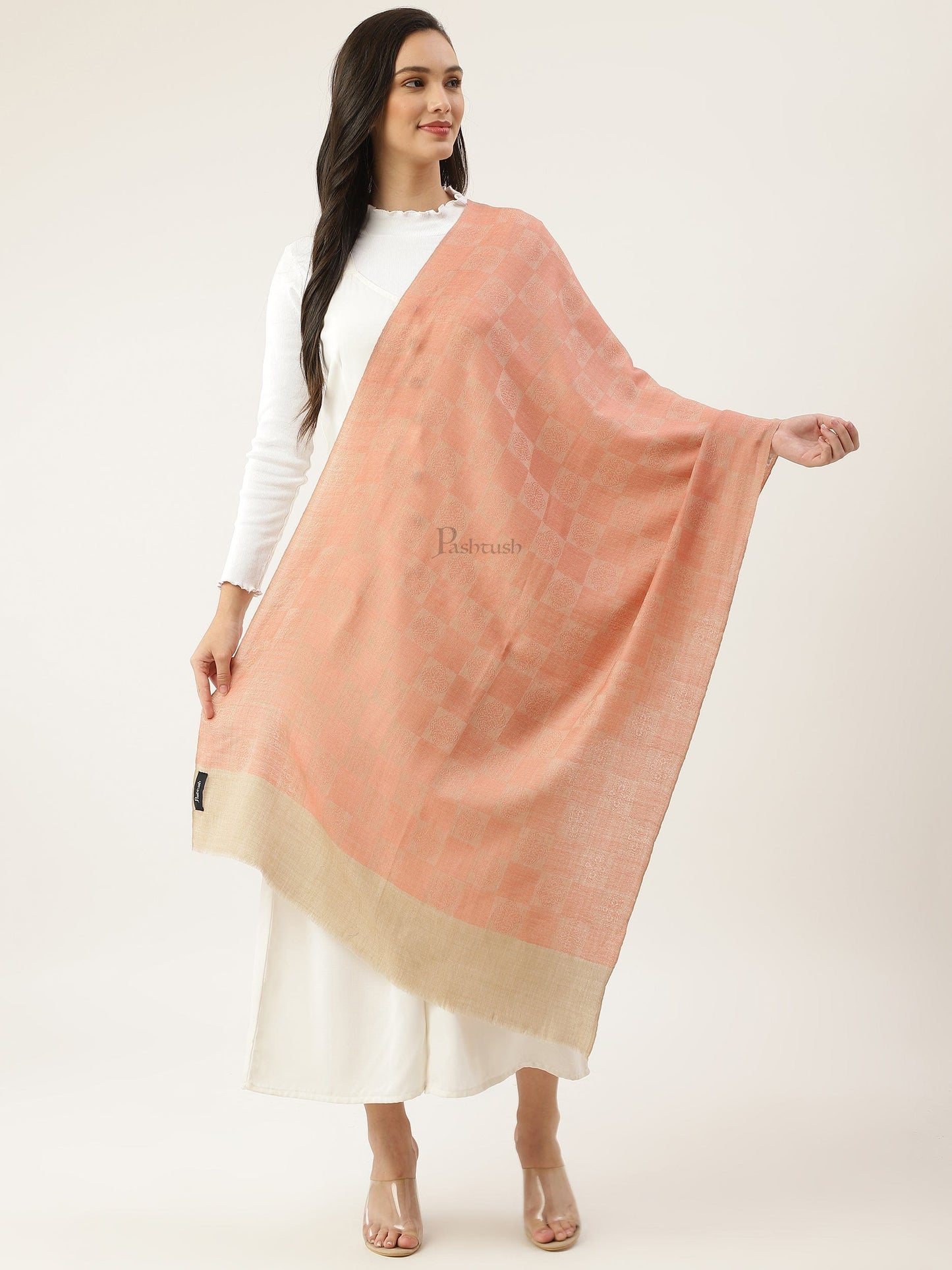 Pashtush India Womens Stoles and Scarves Scarf Pashtush womens Stole, Checkered design, Peach