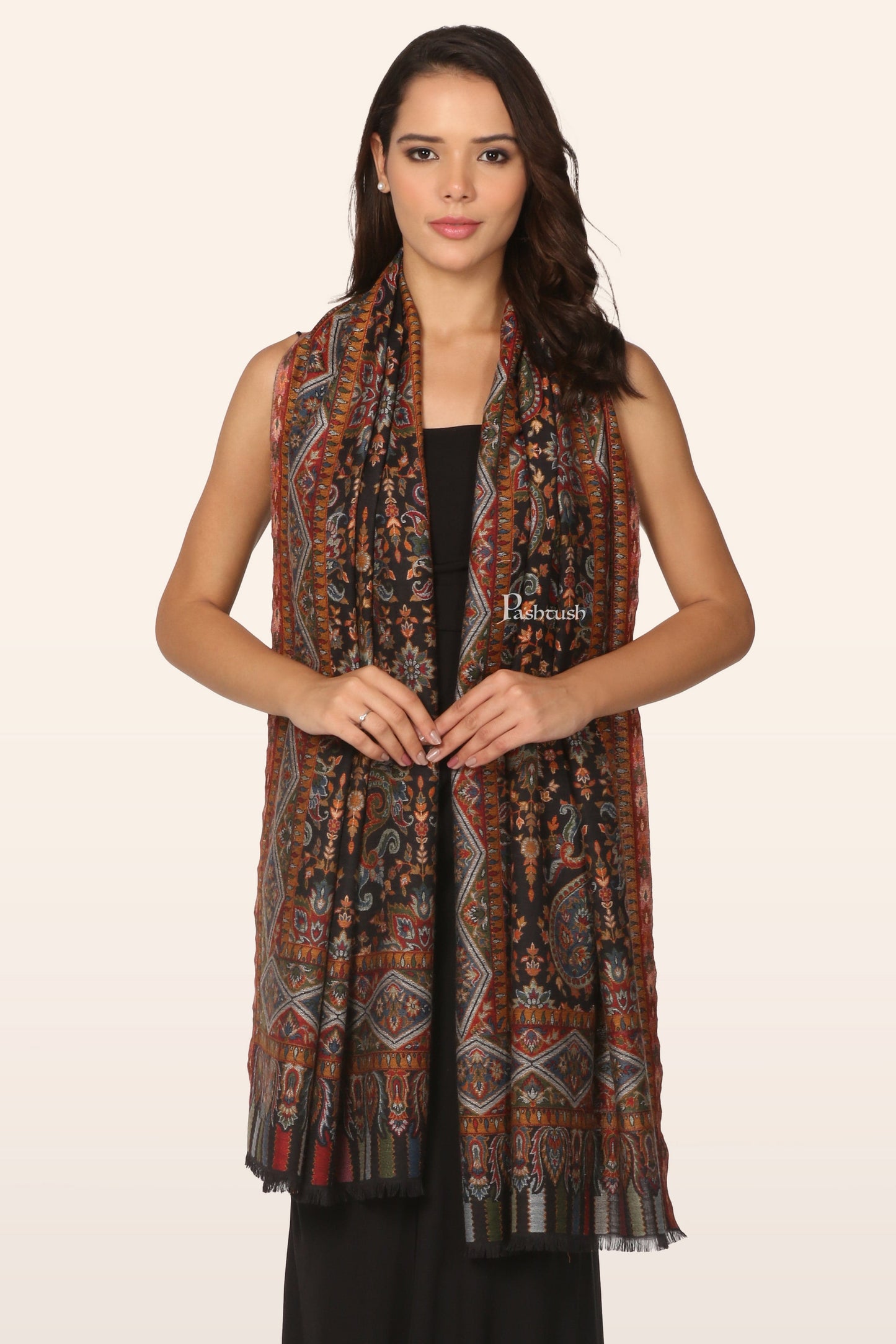 Pashtush India womens scarf and Stoles Pashtush Womens Stole, Ethnic Weave Design, Black