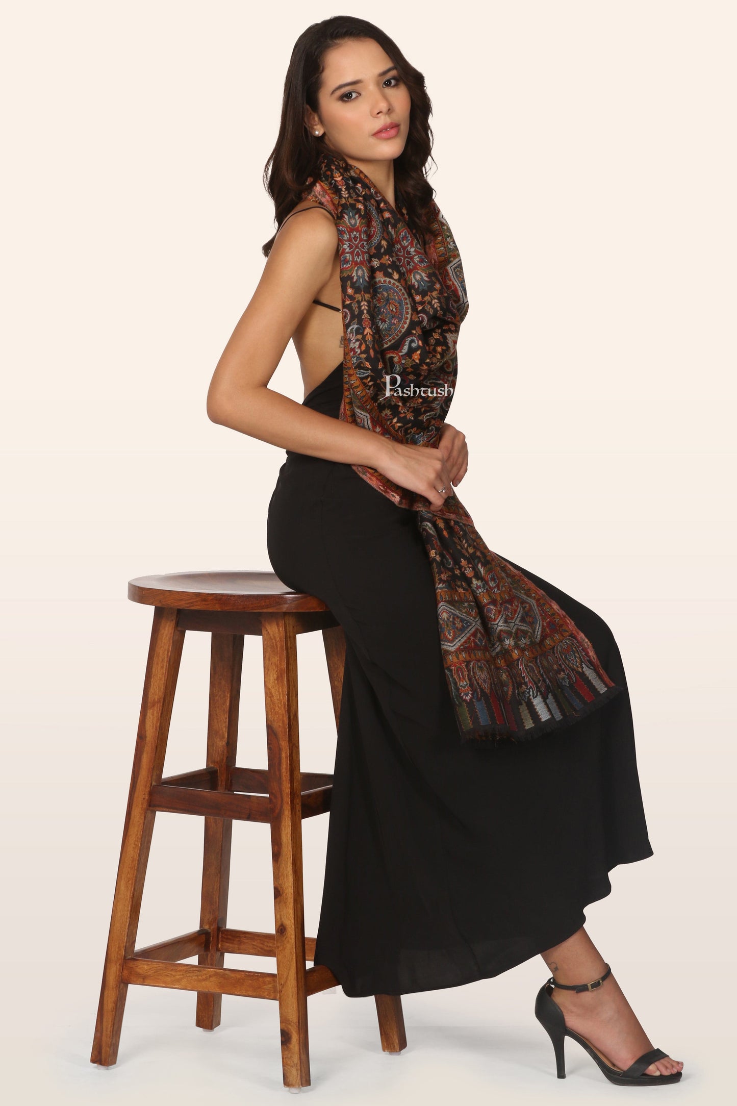 Pashtush India womens scarf and Stoles Pashtush Womens Stole, Ethnic Weave Design, Black